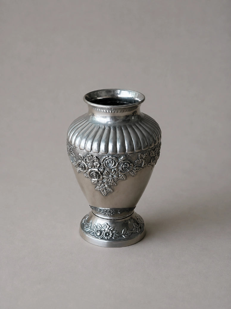 1930s Dutch Vintage Silver-Plated Floral Embossed Vase — side angle