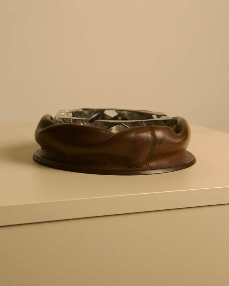 Italian Octagonal Glass Ashtray with Brown Leather Trim, 1960s — close-up of leather trim detail