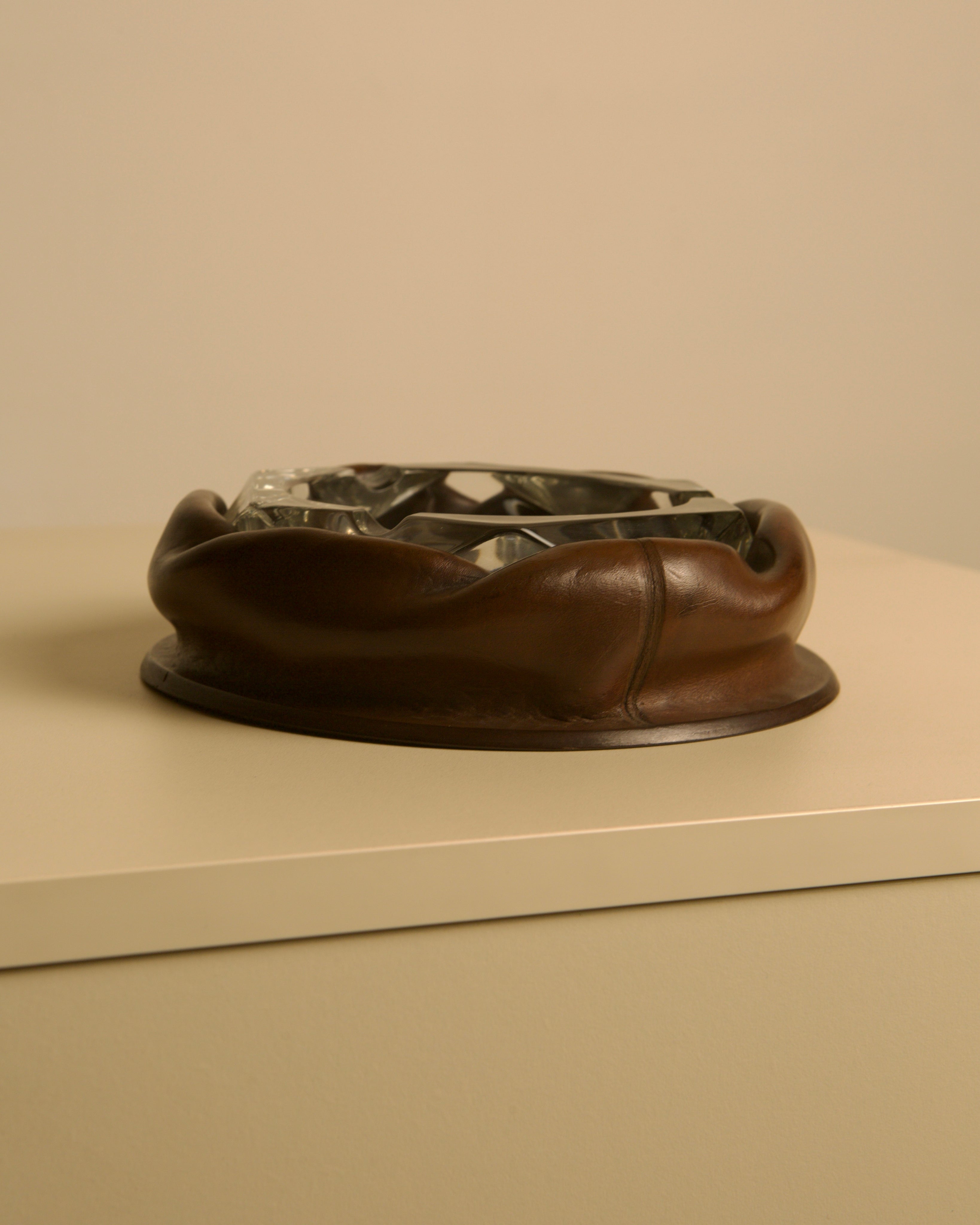 Italian Octagonal Glass Ashtray with Brown Leather Trim, 1960s — close-up of leather trim detail