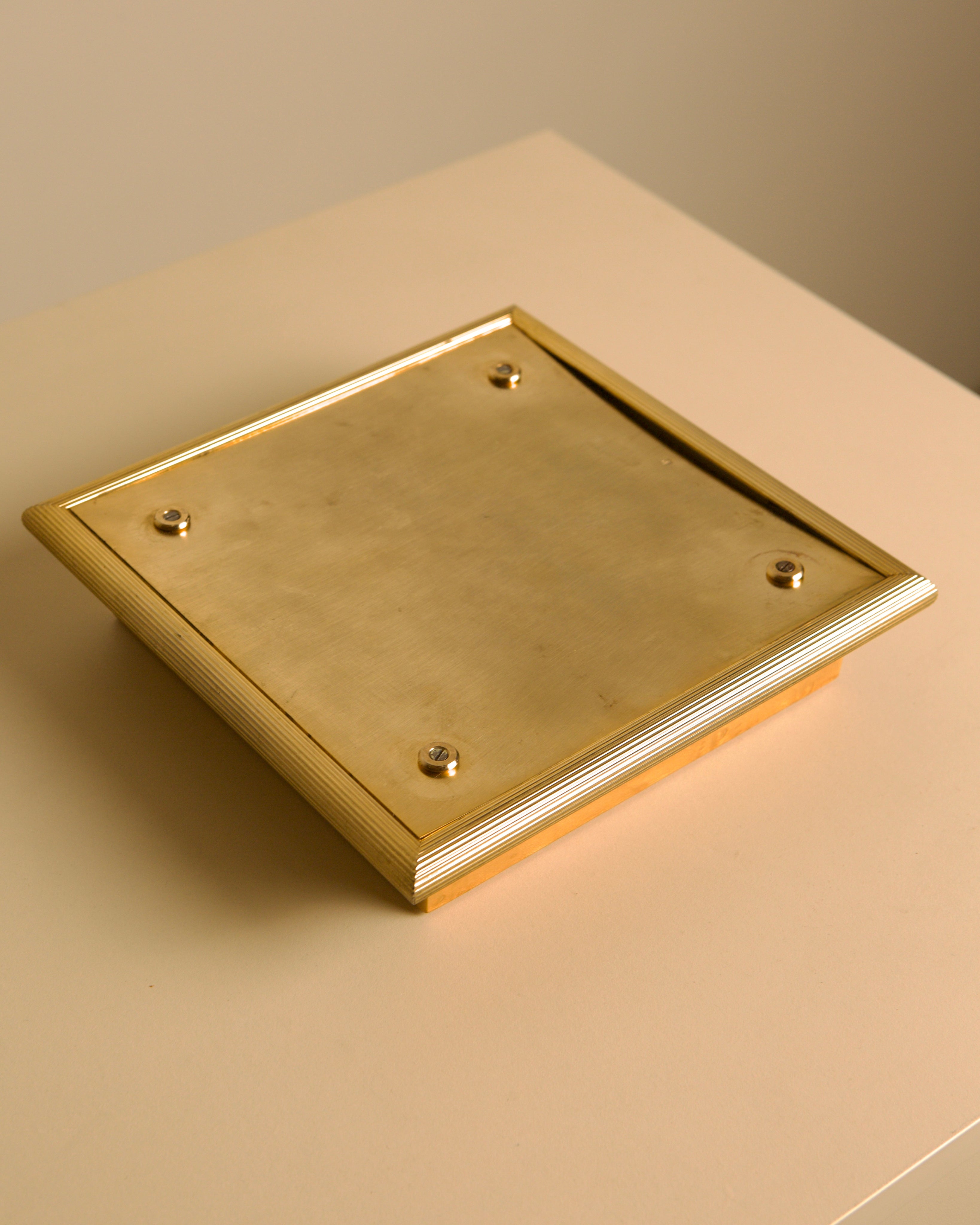 Italian square valet tray in gilt metal and light wood from the 70s — alternate view