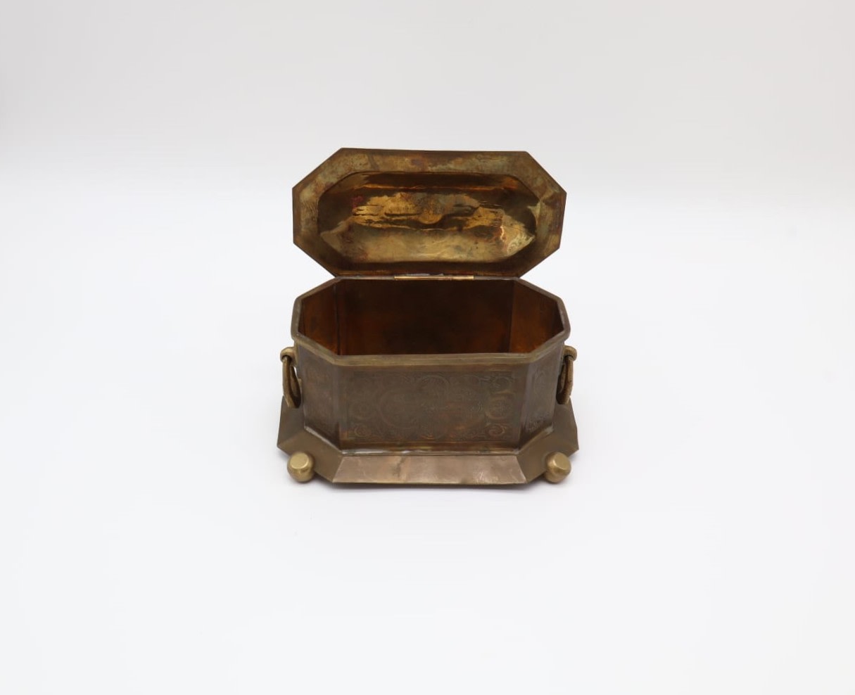 Antique Octagonal Brass Trinket Box – France (c. 1920) — lifestyle setting