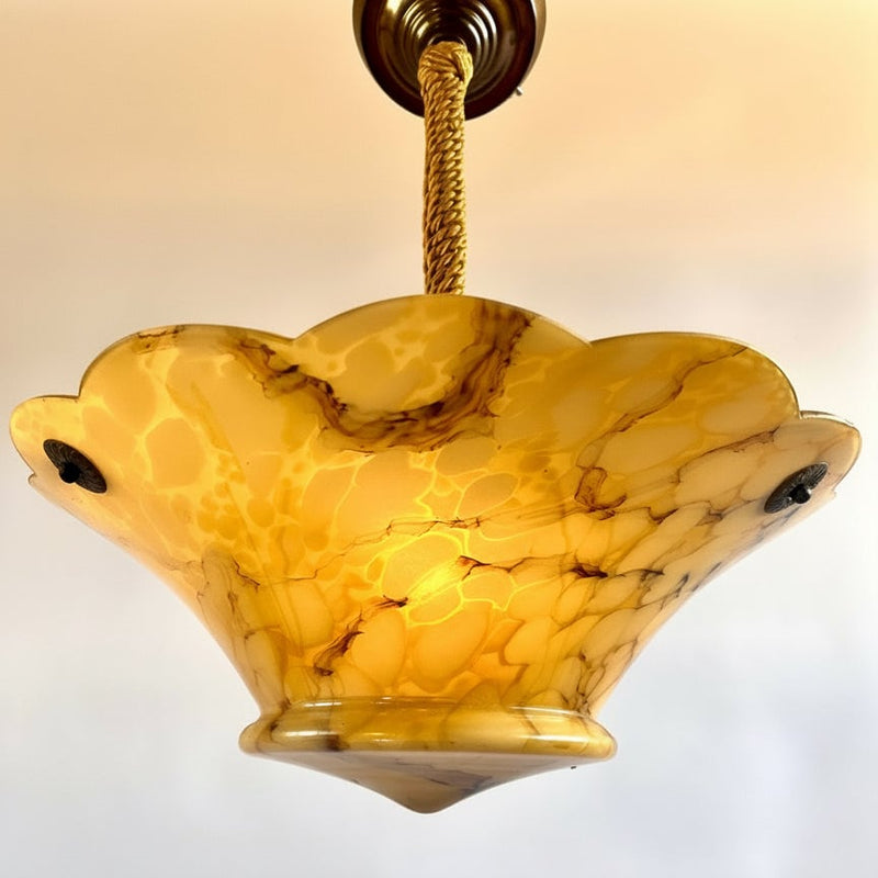 Vintage Swedish Marbled Glass Pendant Light – Alabaster Bowl c.1940s — close-up of marbled glass texture