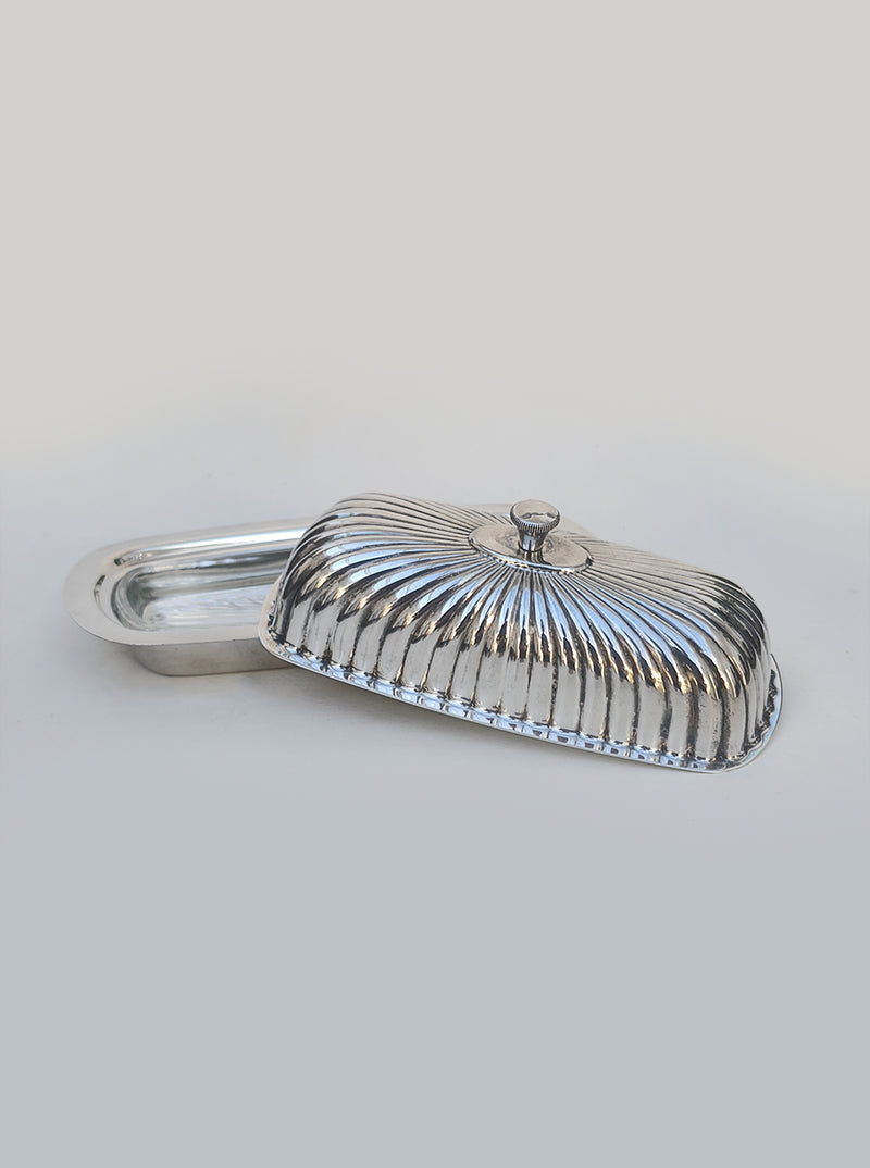 Silver-plated Butter Dish — close-up of ridged lid and base