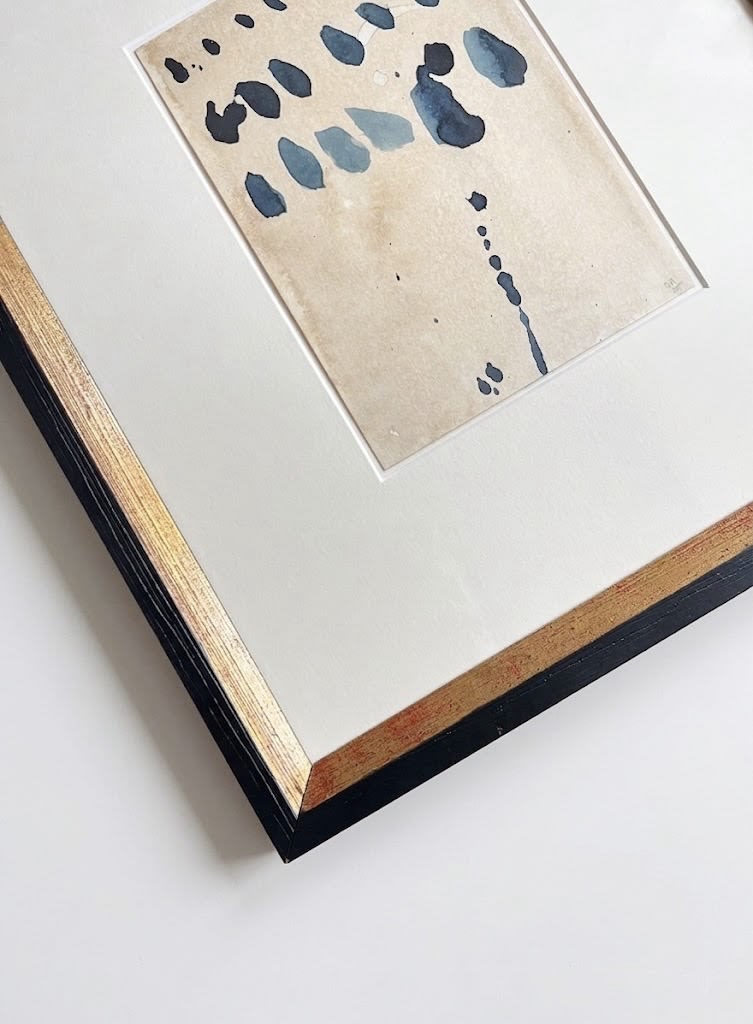 Sand and Ink Abstract on Paper in Antique Frame — side angle showing gold and black frame