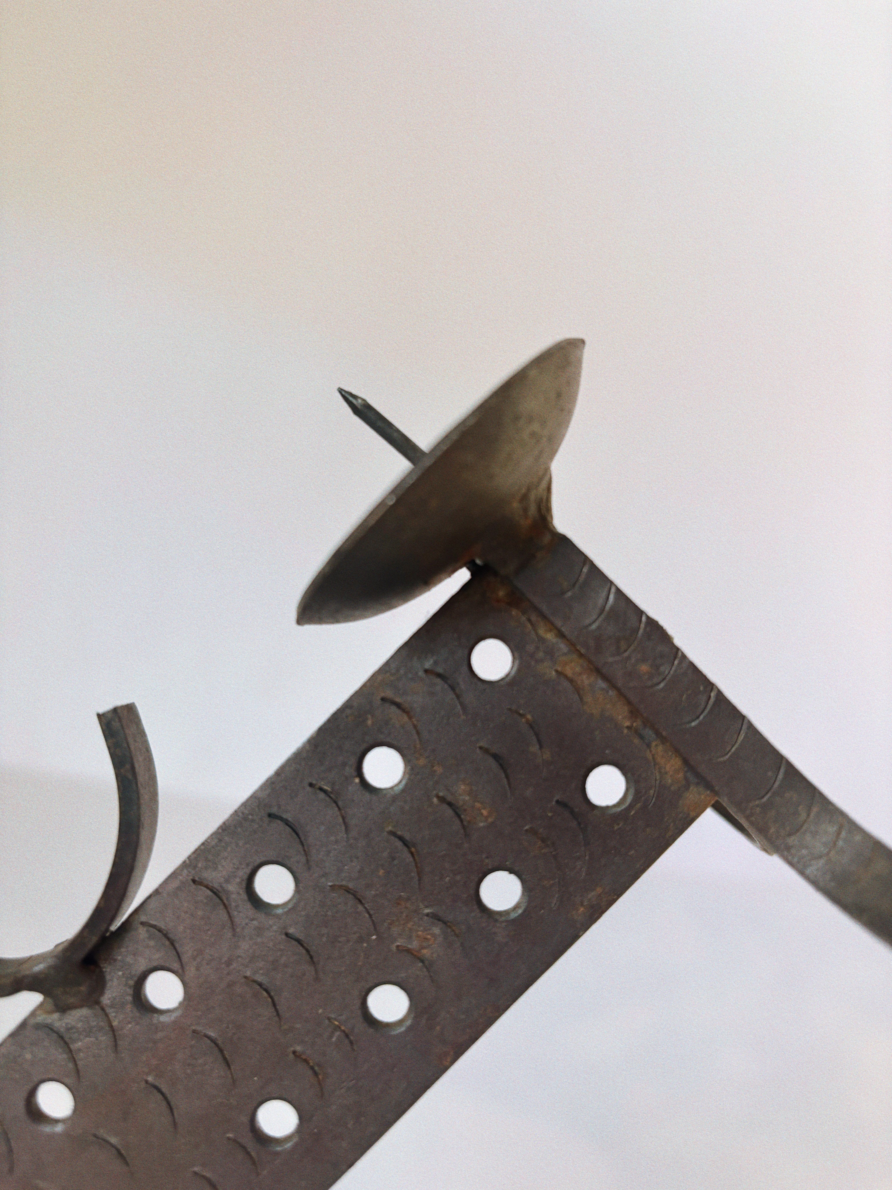 Geometric Hand Forged Metal Candlestick, Mid Century Poland — close-up