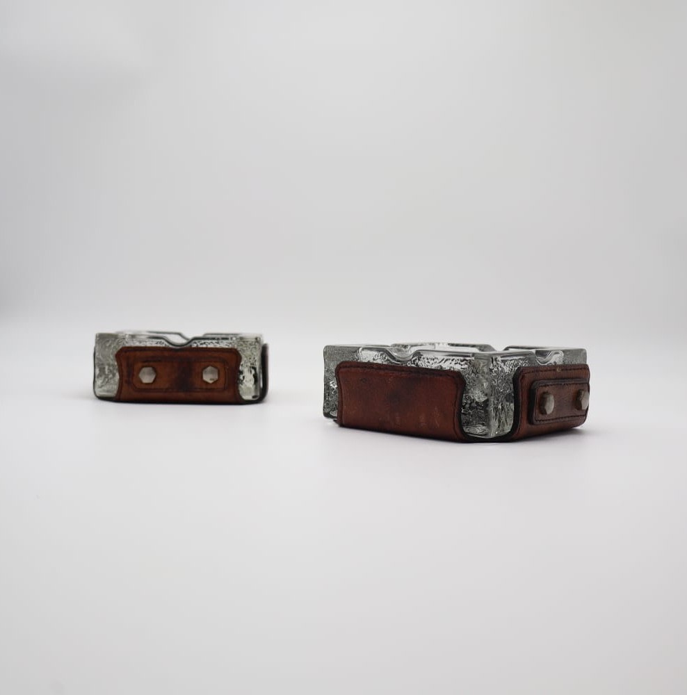 Vintage Mid-Century Ice Glass & Leather Ashtrays, 1970s — Set of 2  — lifestyle setting