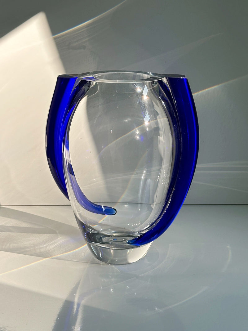 Clear crystal vase with cobalt blue vertical accents by Krosno