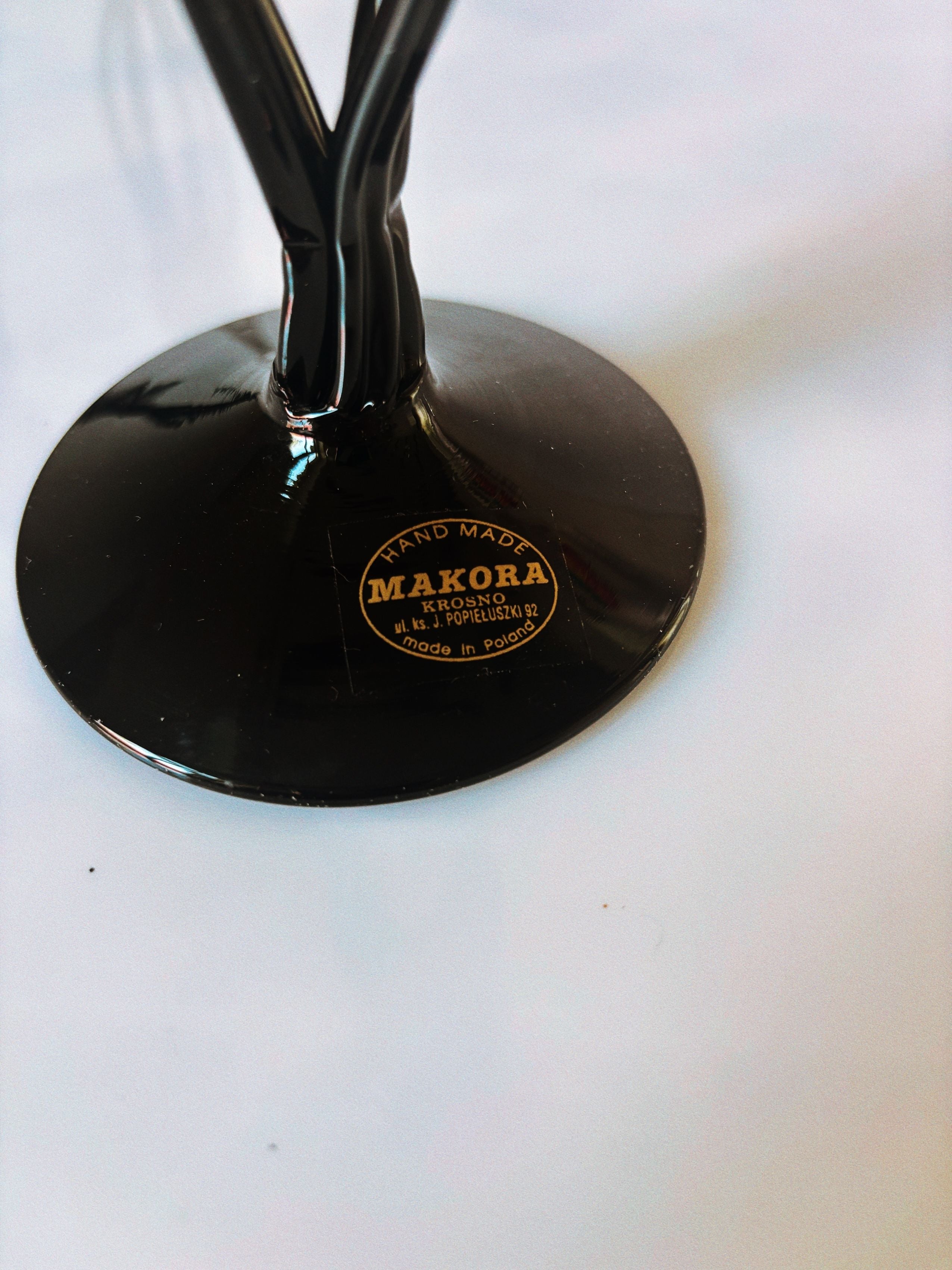 Black glass Makora candleholder base with gold Polish maker's mark