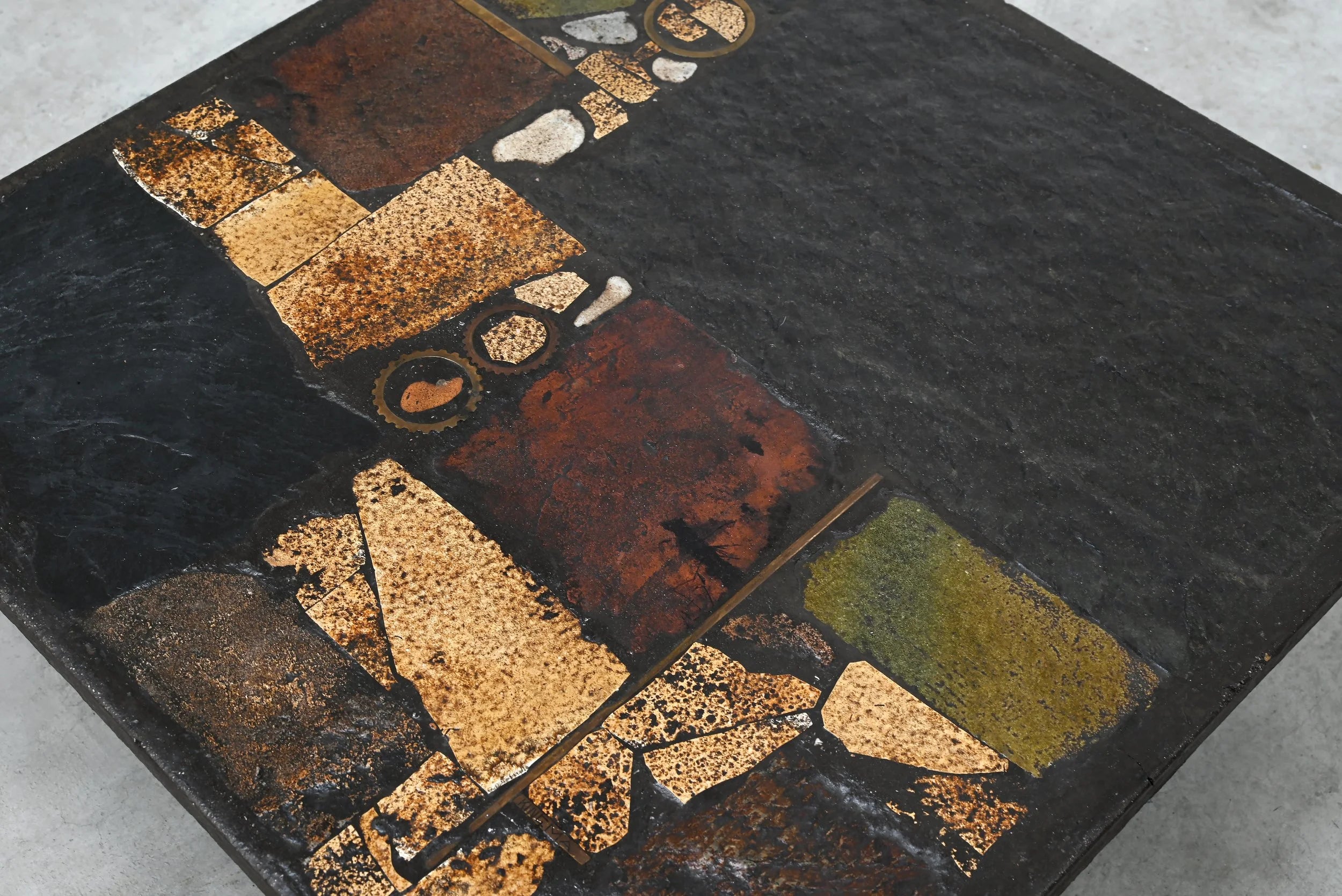 Paul Kingma Slate, Stone, and Brass Inlaid Coffee Table, 1970's — side angle