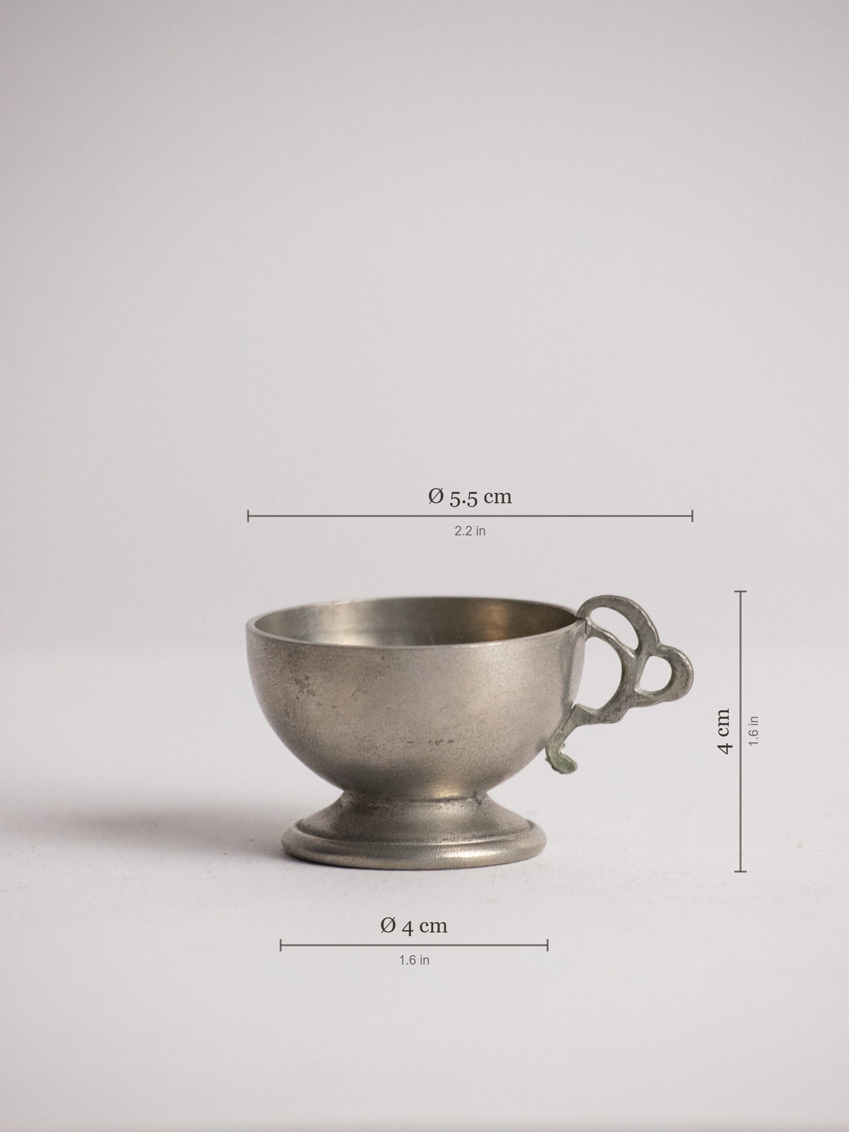 Six Footed Pewter Punch Cups, Triple-Loop Handles, Sweden 1977 — detail view