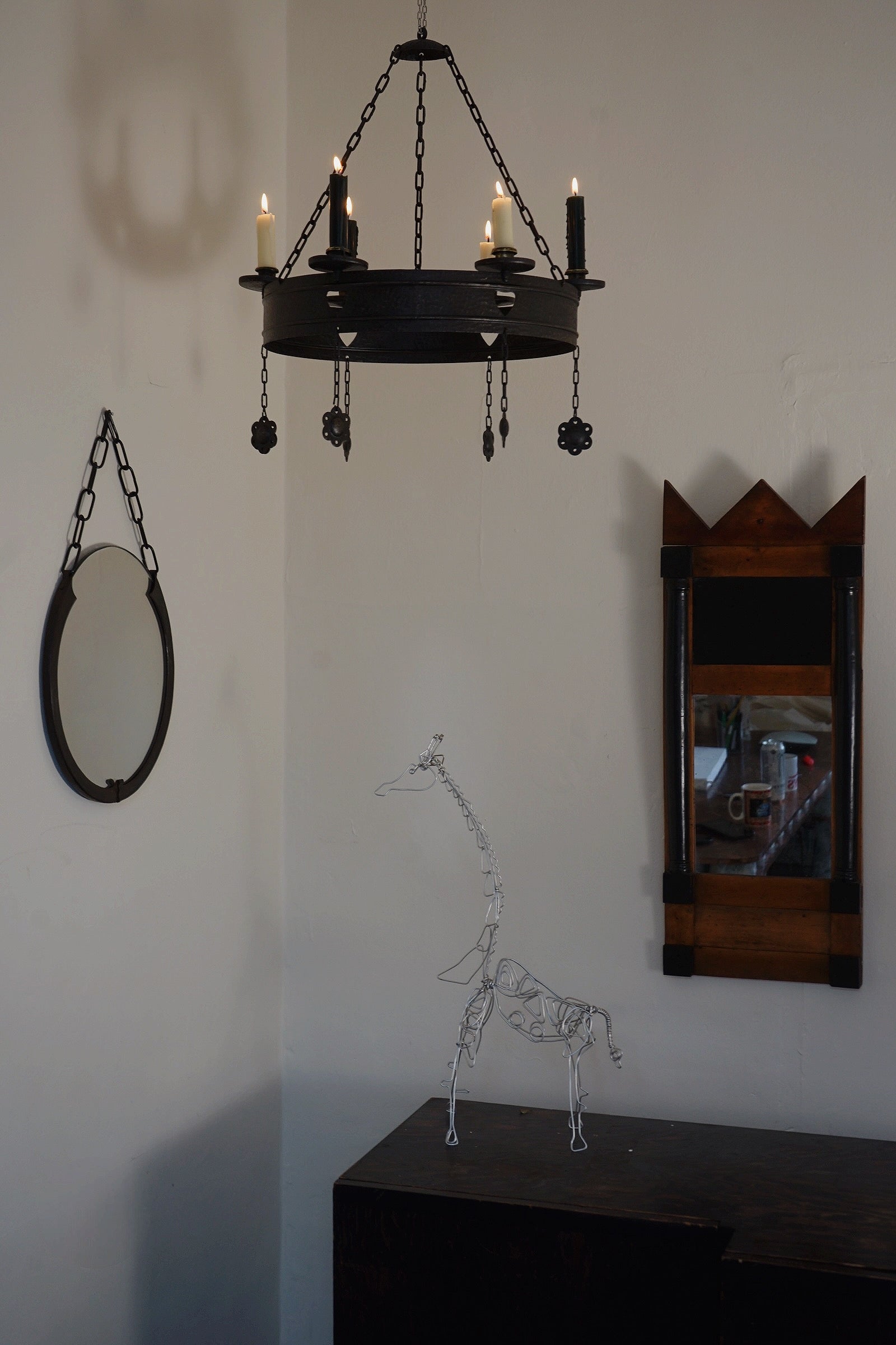 Art Nouveau Wrought-Iron Chandelier Early 20th century — top view with candle holders in minimalist setting