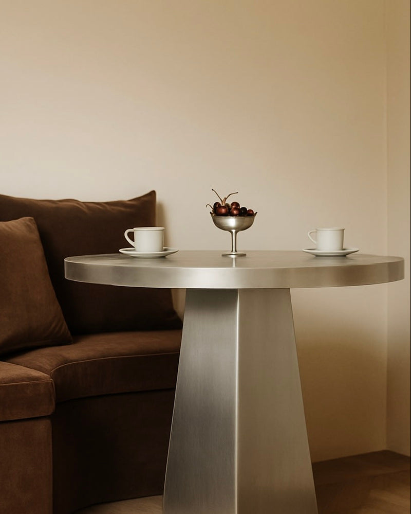 Round Stainless Steel Table by KASANAI | The Oblist — modern stainless steel design