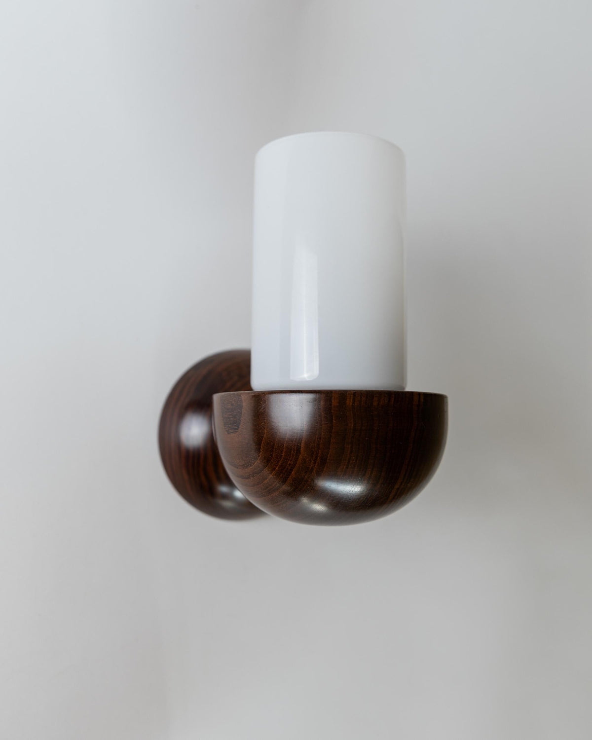 Vintage 1960s Wall Lamps Set of 2, Dark Wood with White Glass Shades, Mid Century Modern Lighting, Sculptural Wall Sconces — side angle