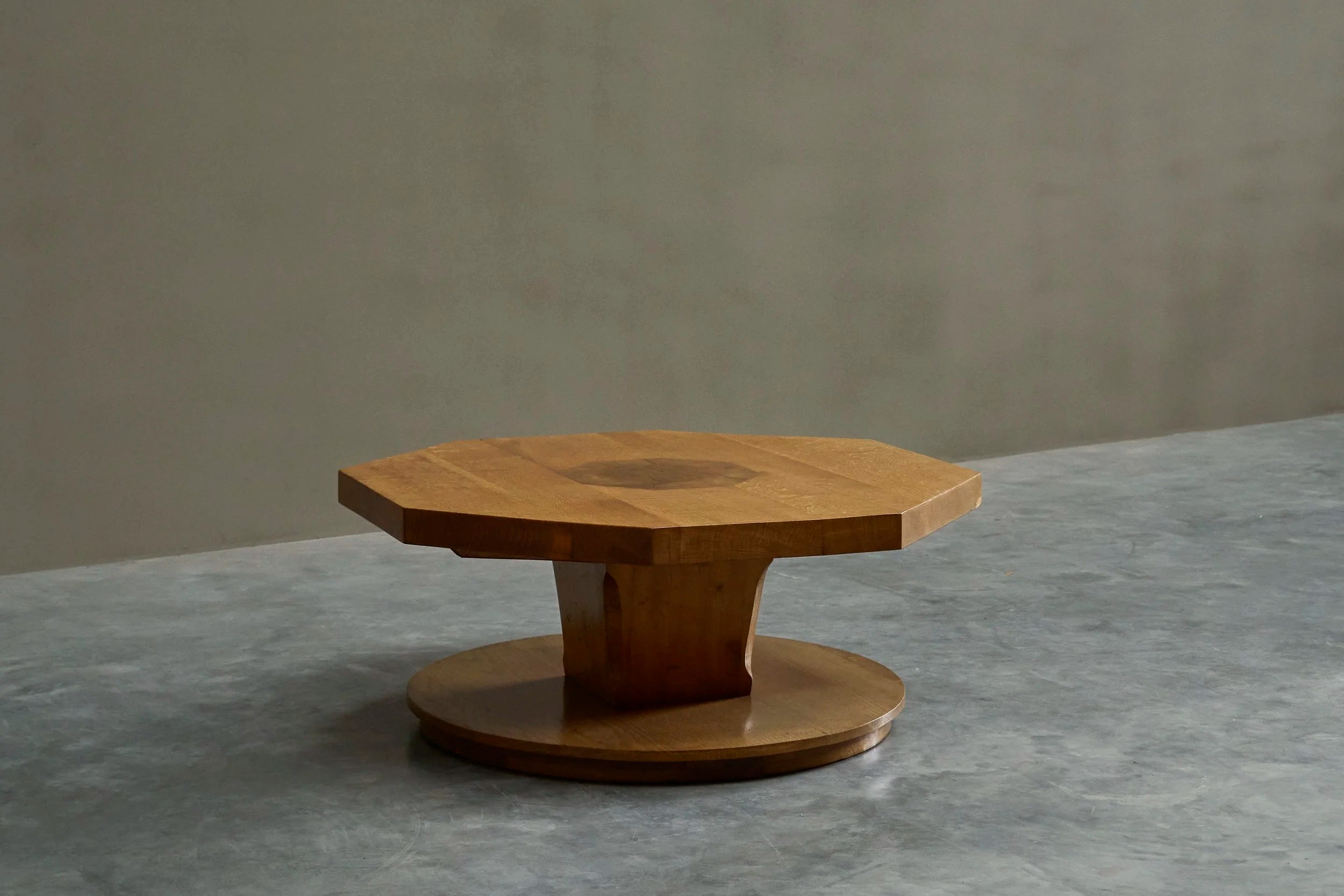 Unique Octagonal Coffee Table in Solid Oak with End Grain Wood, 1950s — lifestyle setting