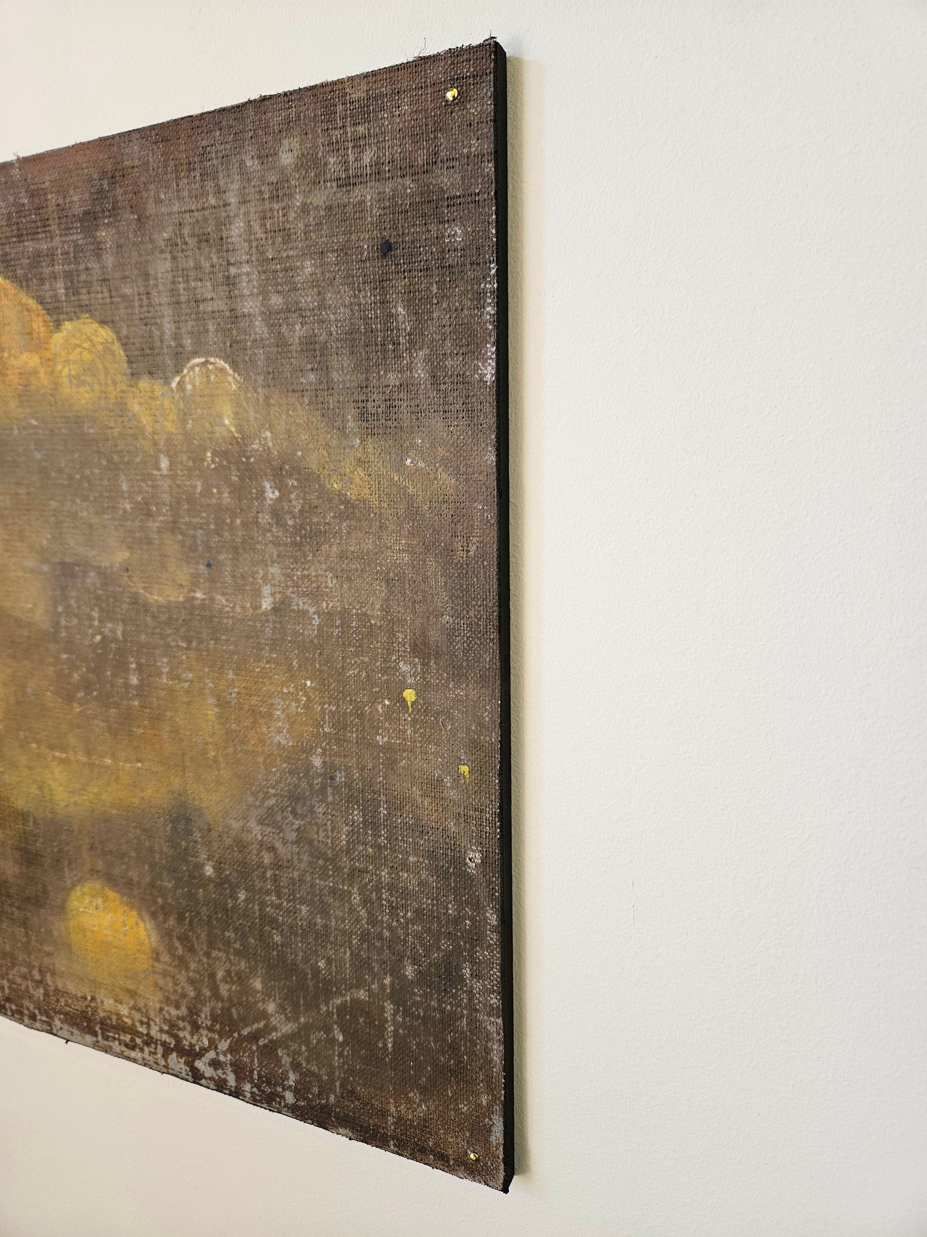 Painting on Canvas, Lime Paint and Oil, "transformation" (40x30) — side angle showing textured canvas edge