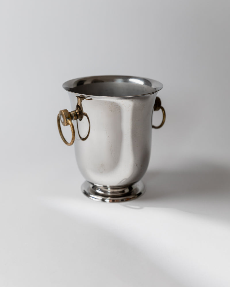 Polished steel wine cooler with brass ring handles 1980s