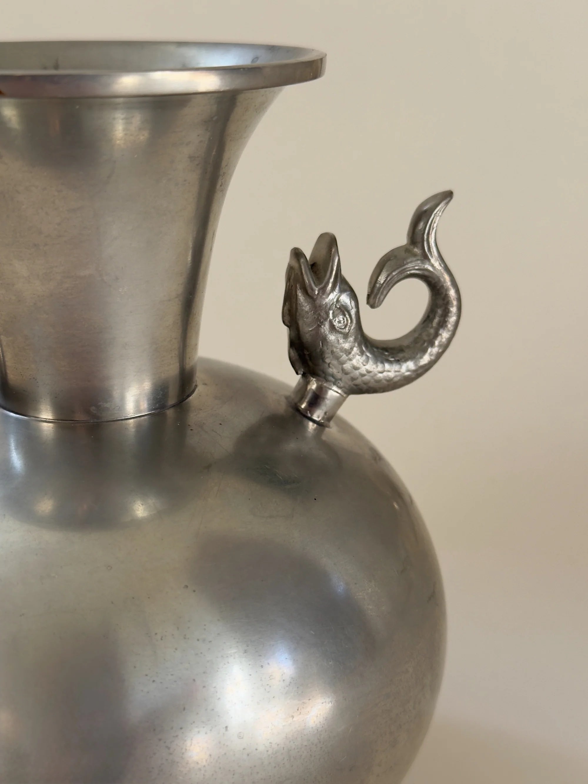 Pewter Vase by Ernst Svedbom, 1955 — side angle highlighting fish handle detail