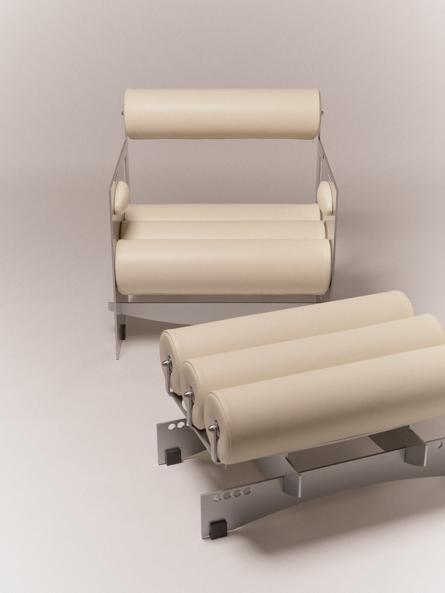 Ottoman Bassa — back view with cream leather upholstery and metal frame