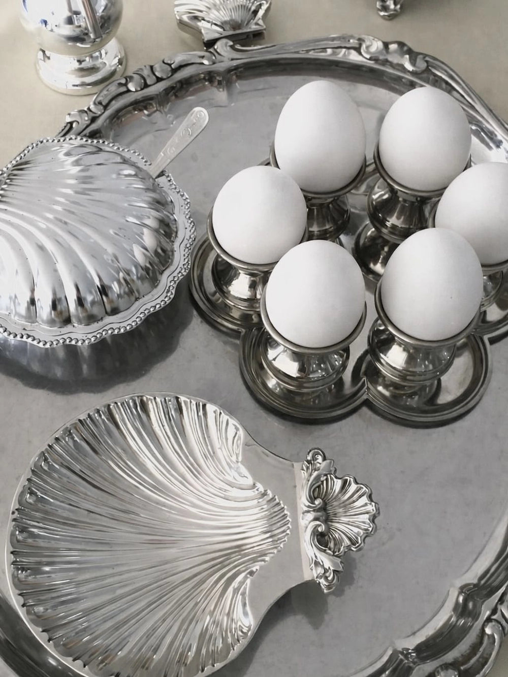 Vintage Stainless Steel Egg Cup Set with Serving Tray — detail view