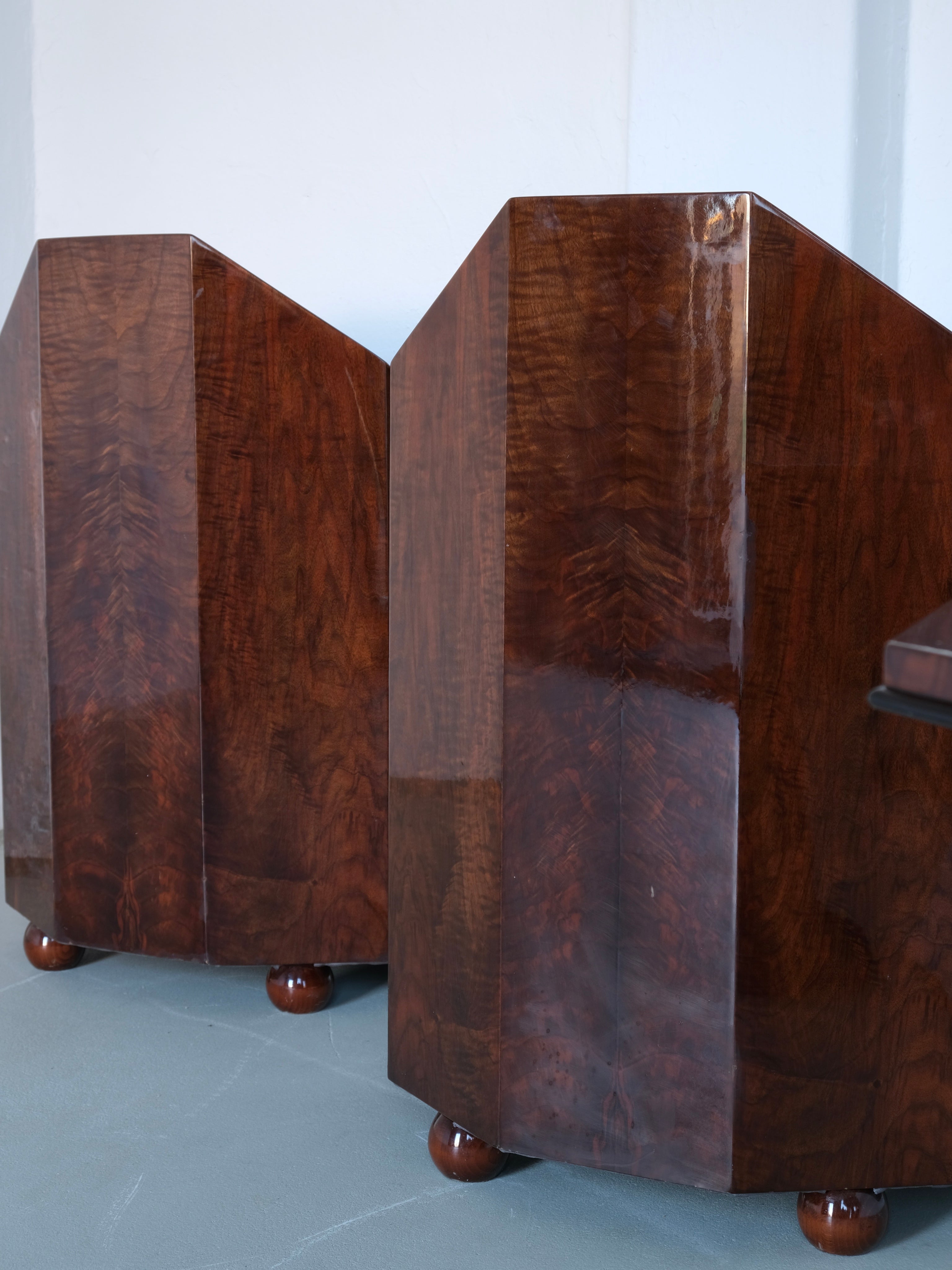 Leon-Emile Bouchet Art Deco Lounge Set, 1930s — close-up of polished wood texture and curved edges