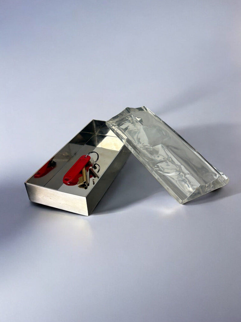 Gabriella Crespi Lucite Box, Italy, 1970's — top view with open lid and contents visible