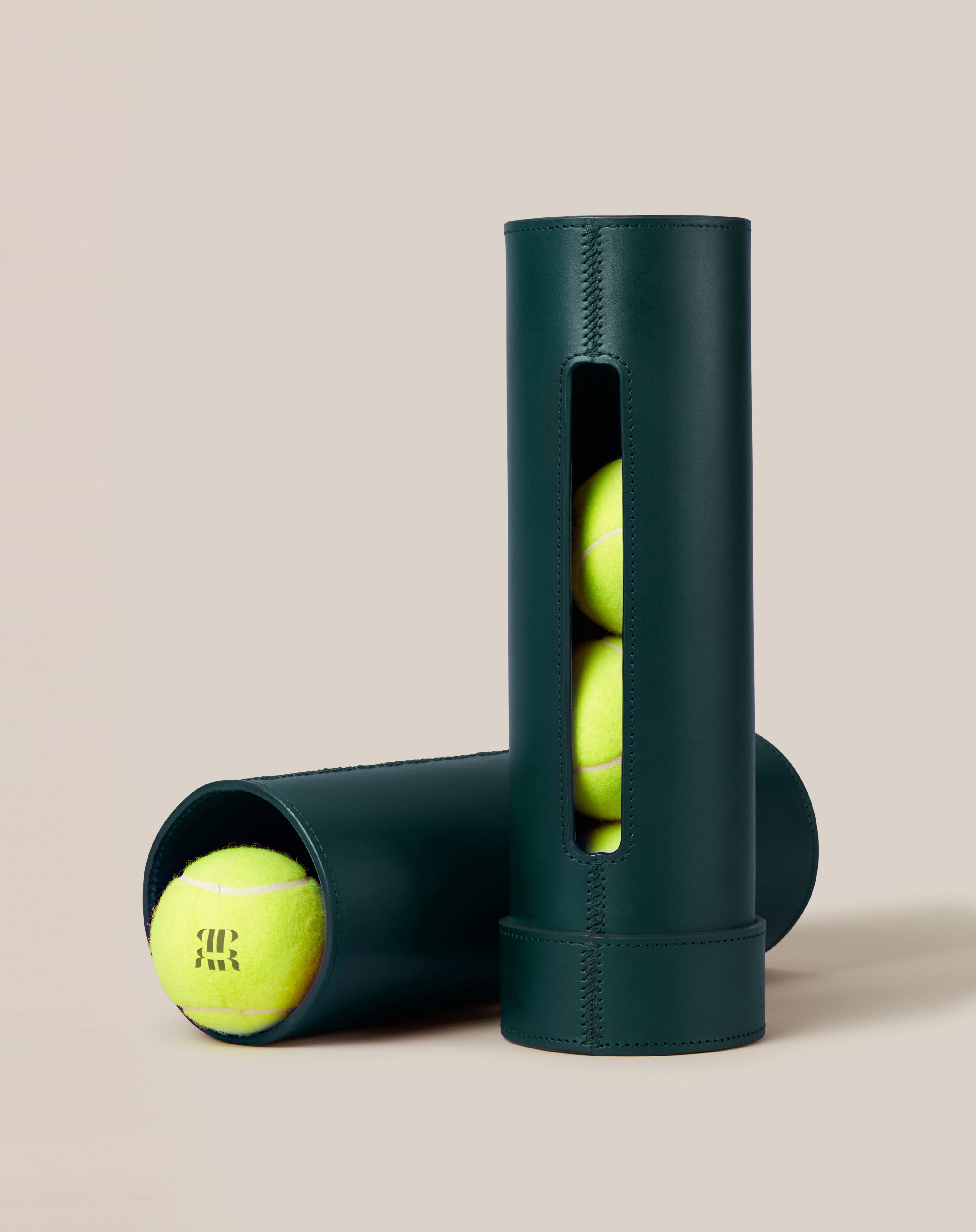 Leather Tennis Ball Holder — back view showing green leather and tennis balls