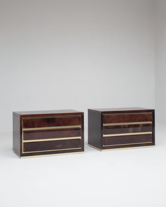 Pair of Aldo Tura Nightstands in Parchment and Brass | The Oblist — vintage design, brown finish