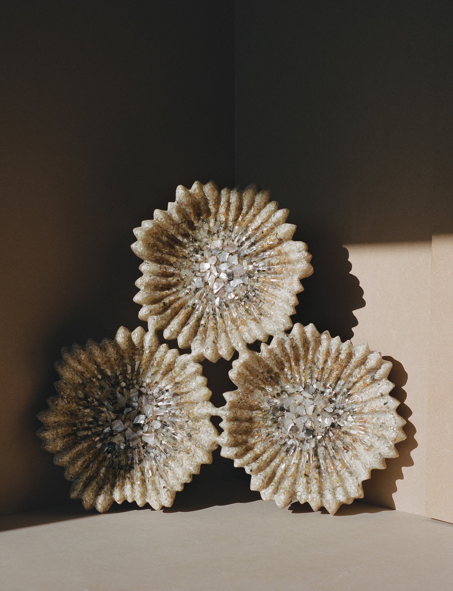 Spectacular 1960S French Set Of Cast Resin, Shell and Metal Inclusion Artisanal Sculptures — side angle showing textured resi