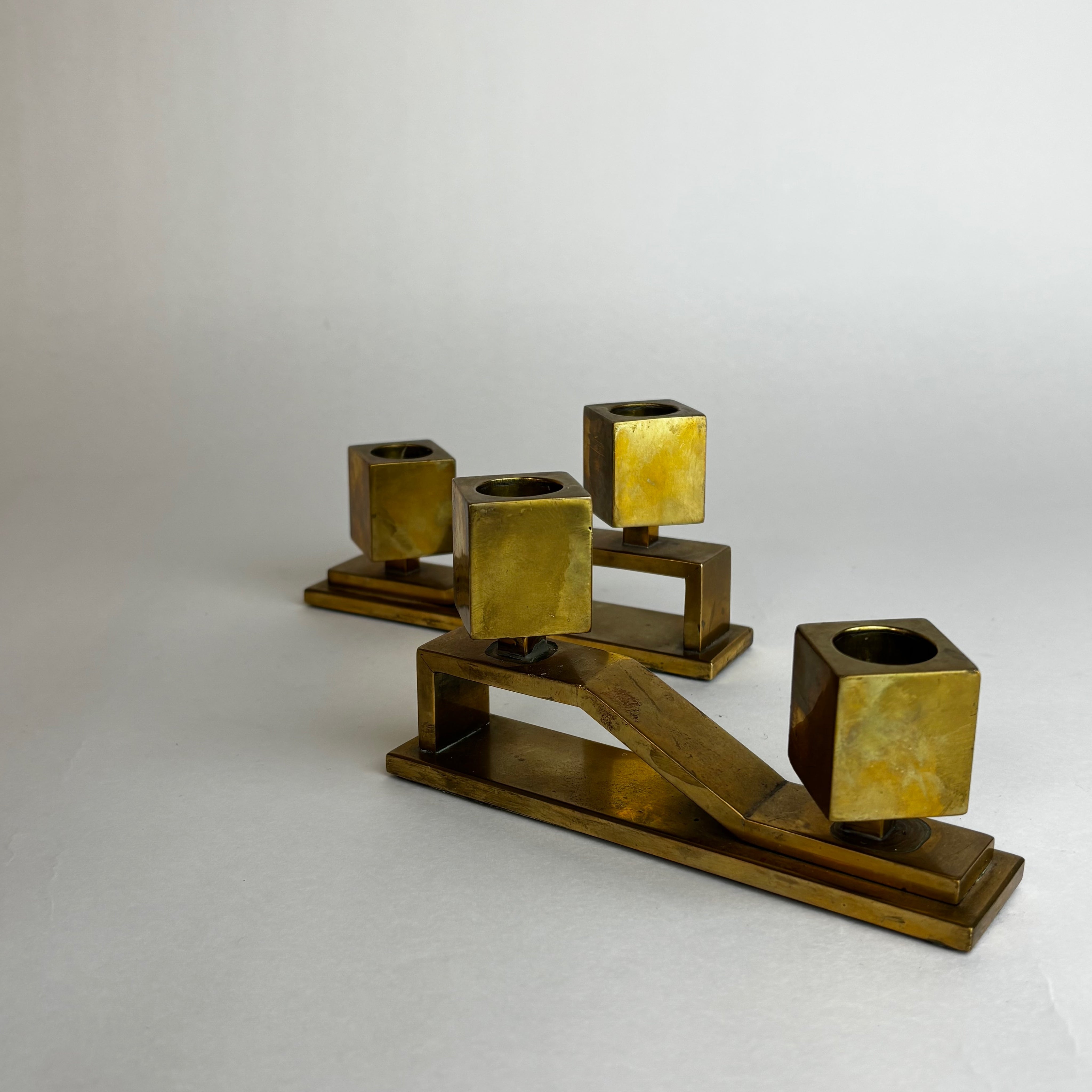 Solid Brass Geometric Candelabra Pair — side angle