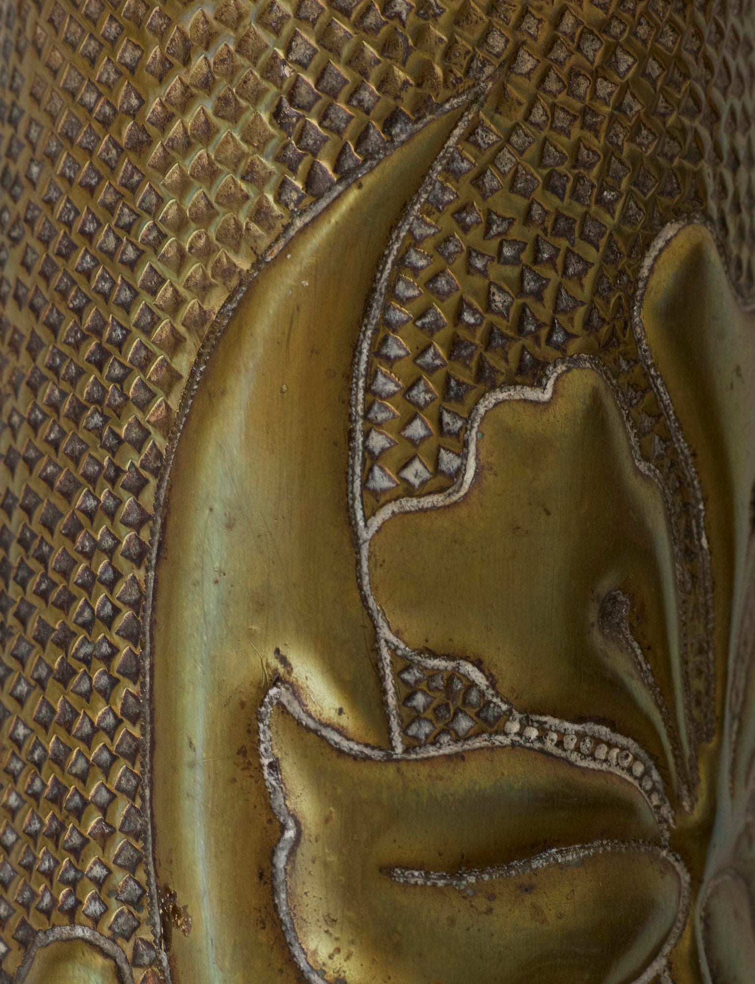 Vintage Vase in Metal Brass (hand-repoussé Iris motif) — detail view