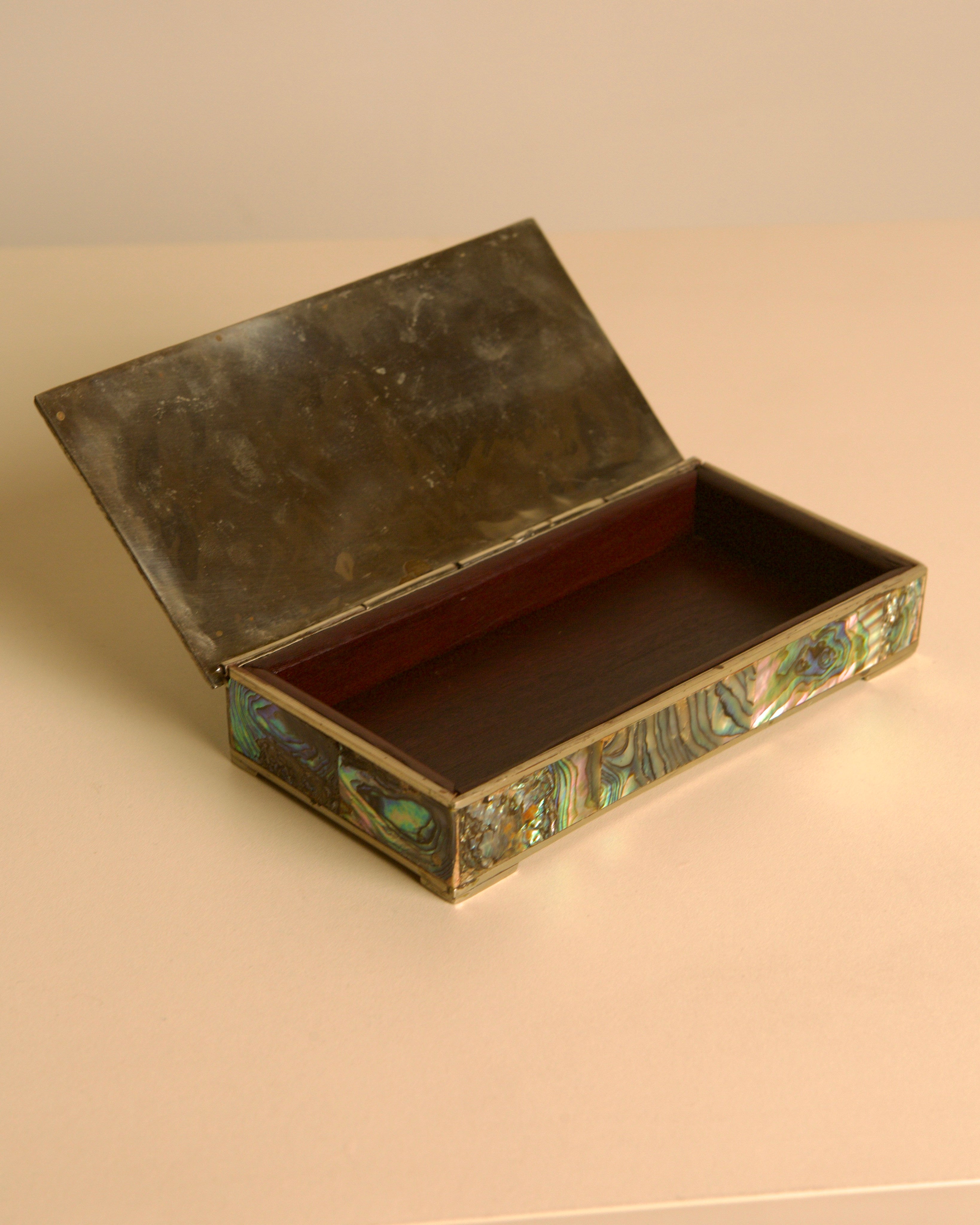 Italian Rectangular Silver and Mother-of-pearl Inlaid Box 40s — open view showing interior wood finish