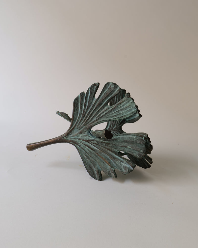 Bronze Sculpture Bernard Jobin — close-up of green patina leaf detail