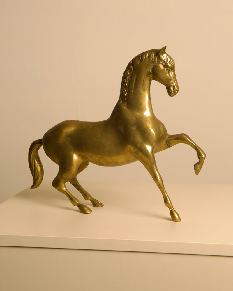 Golden brass horse sculpture in rearing pose, Italian 1960s design