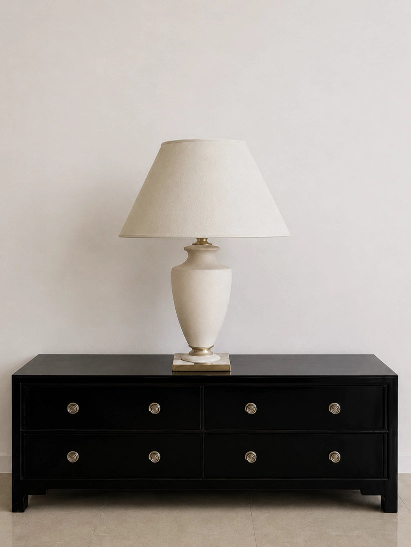 1950s Austrian Vintage Table Lamp in Ceramic and Fabric — side angle