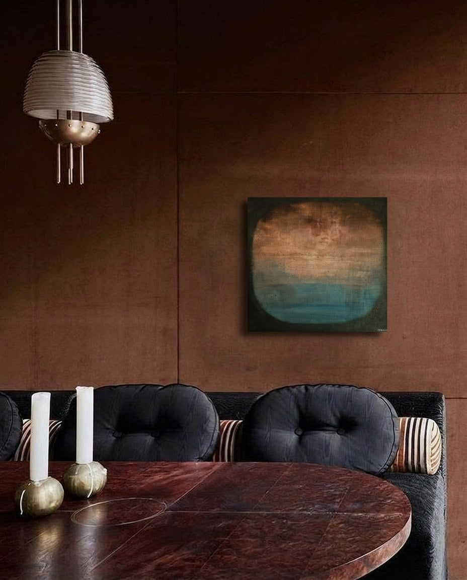 Painting on Canvas, Lime Paint and Oil on Raw Linen "through the window" (50x50cm) — close-up of canvas texture in modern din