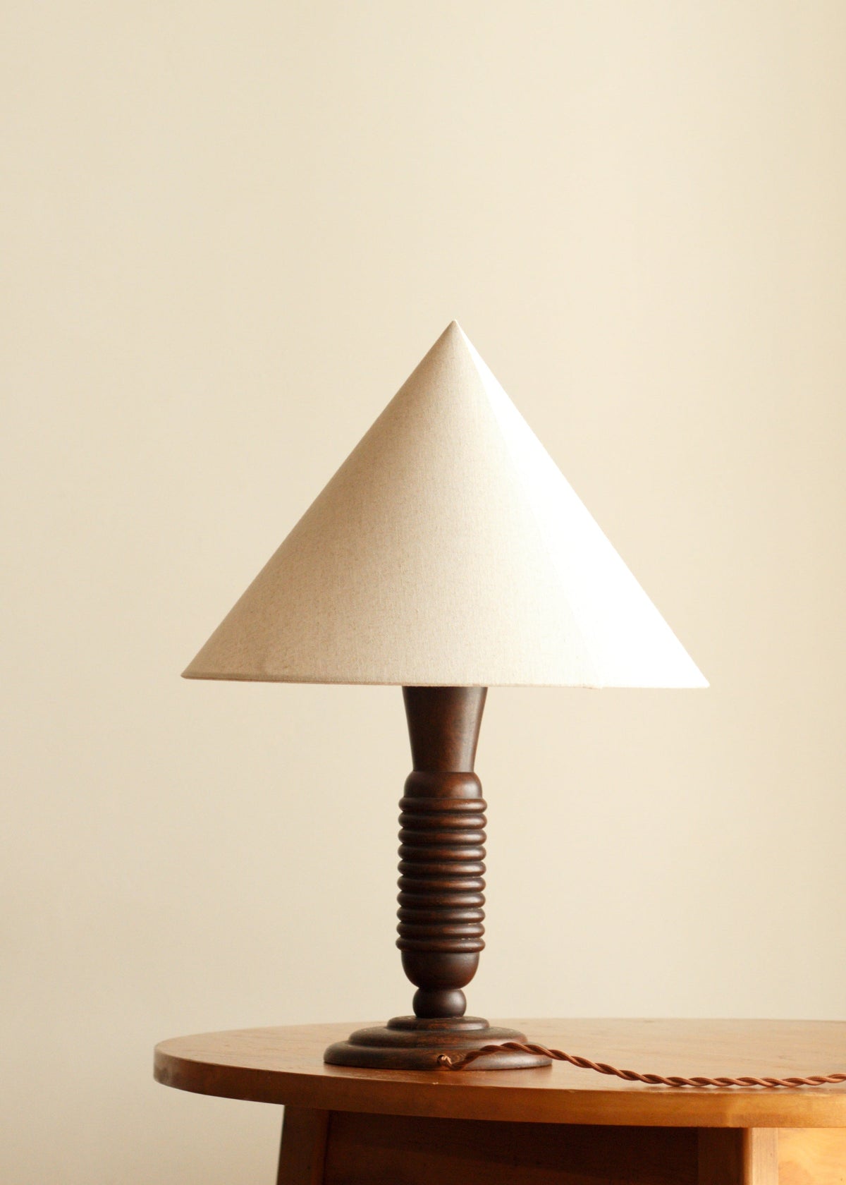 French Art Deco Ribbed Wood Table Lamp — side angle