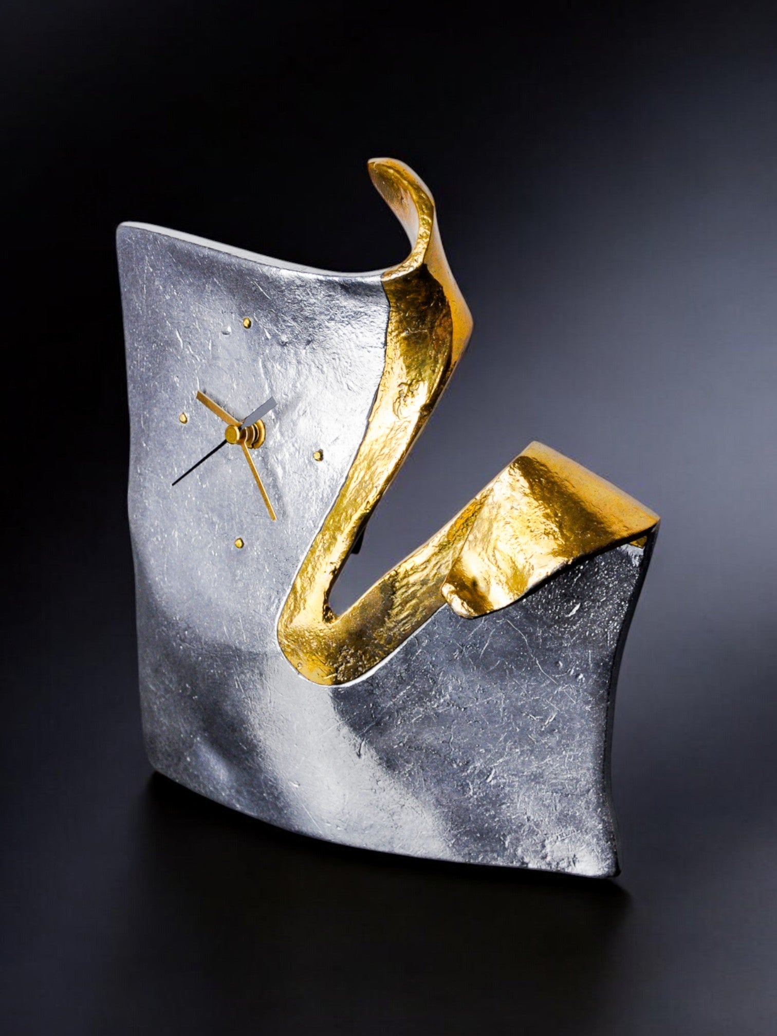 Brutalist clock by Art3, Spain, 1980s — close-up of silver and gold details