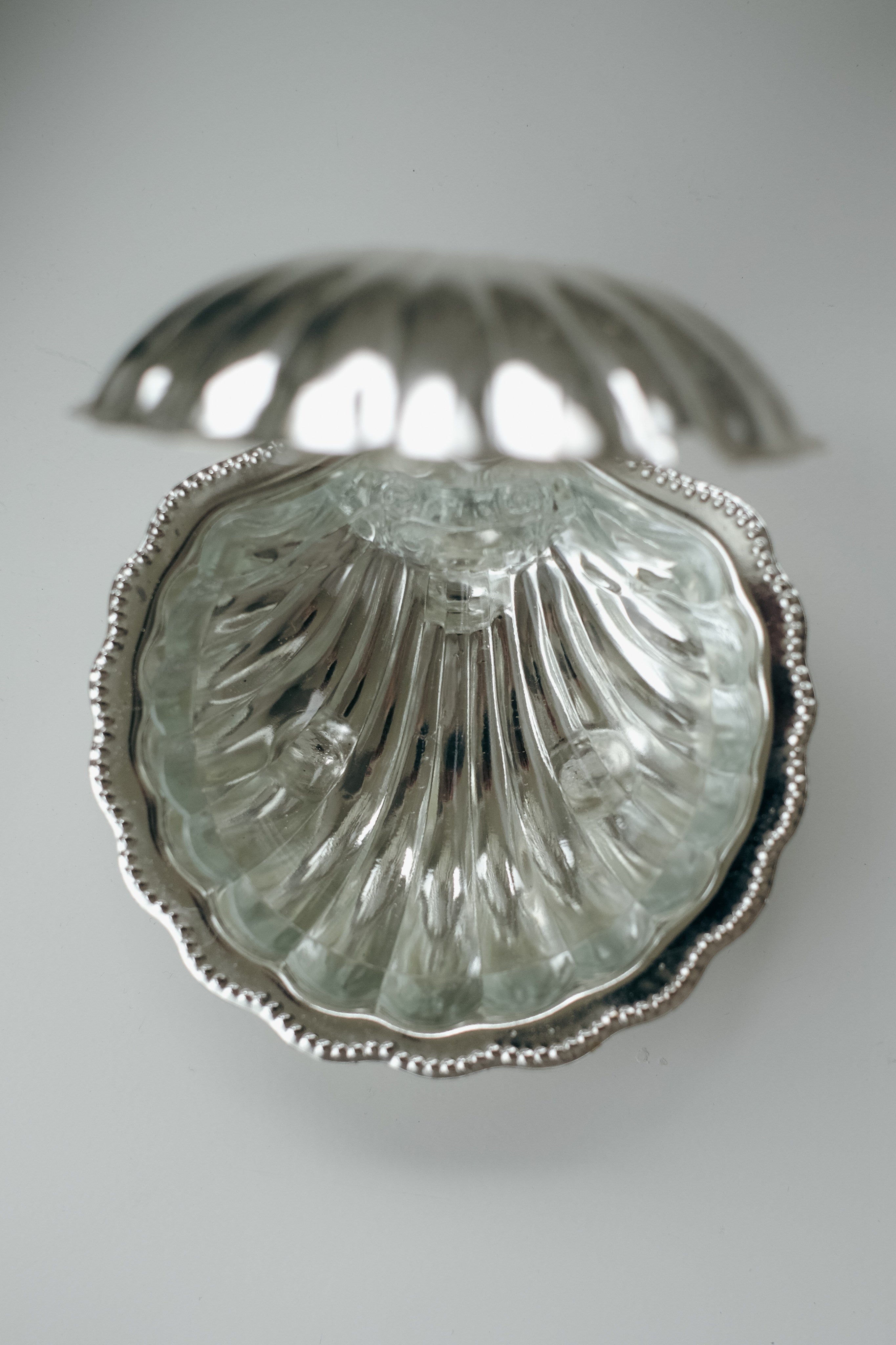 Shell Shaped Butter Dish — top view showing silver finish and glass interior