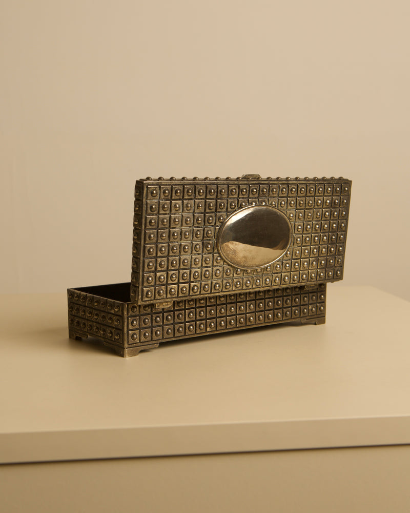 Italian studded metal jewelry box with blue velvet interior, 1950s — alternate view