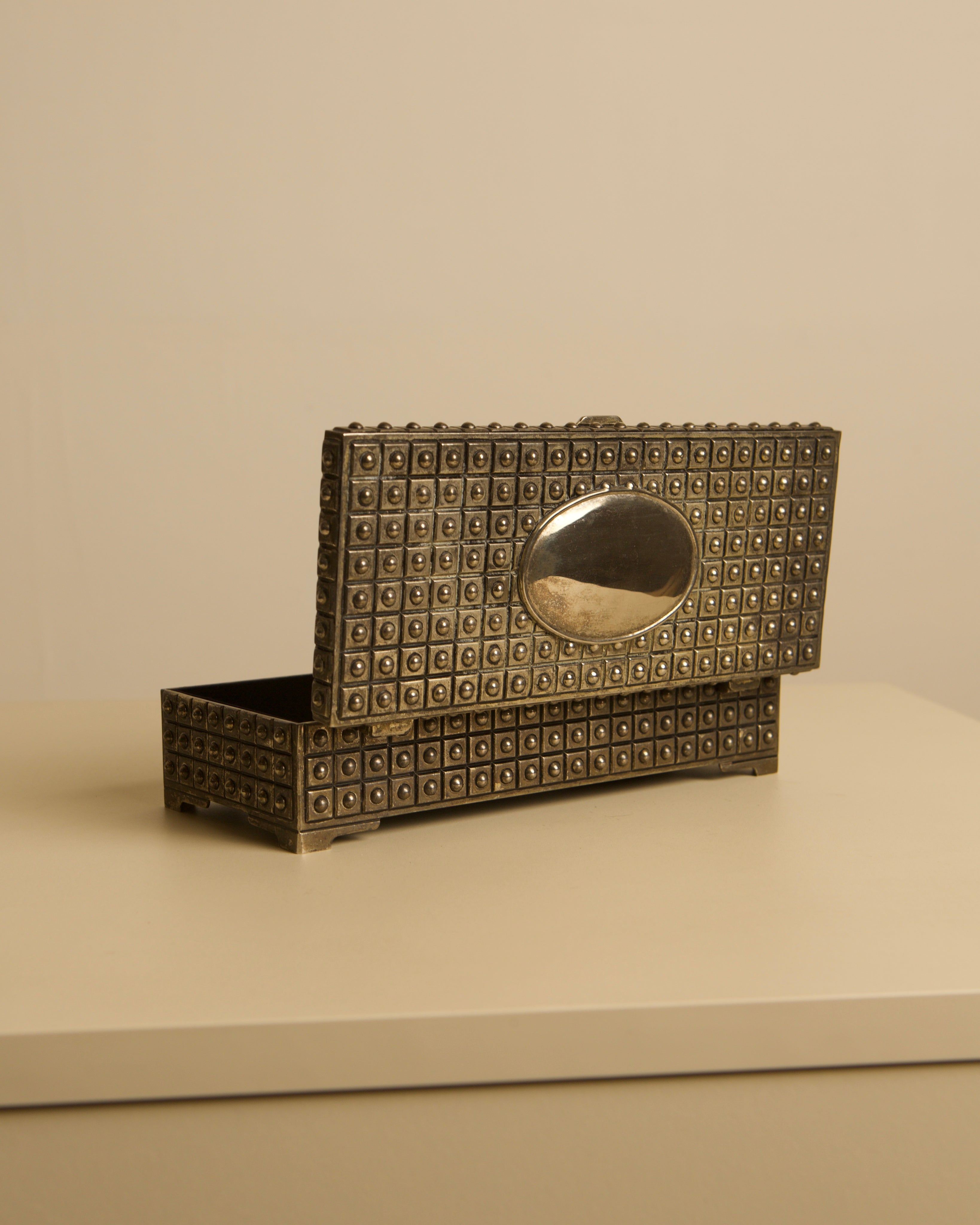 Italian studded metal jewelry box with blue velvet interior, 1950s — alternate view
