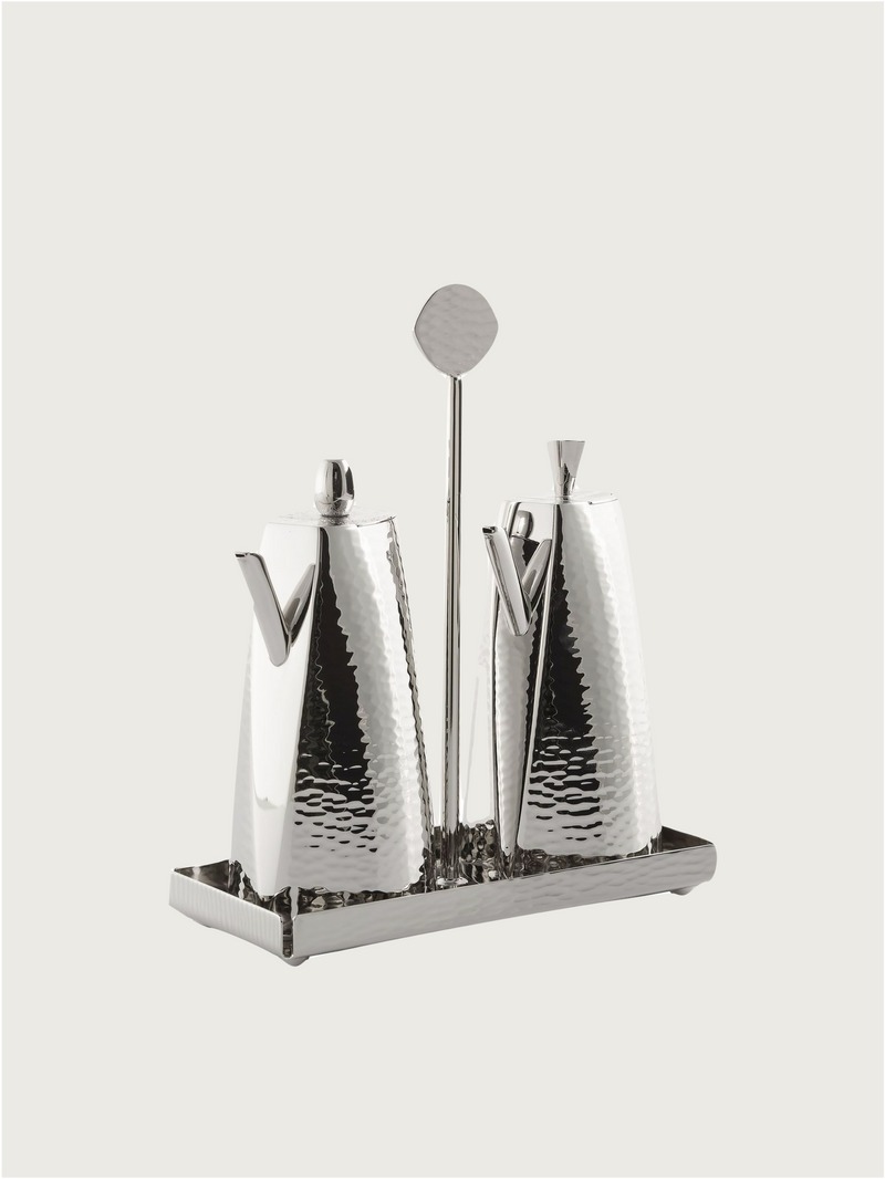 Platinum-plated Oil and Vinegar Set by zanetto | The Oblist — hammered finish, modern design