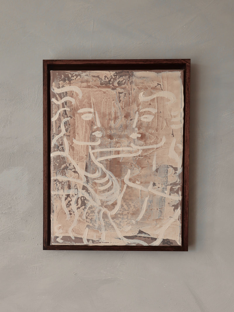 Abstract painting with flowing white calligraphy over textured beige canvas by Claire de Wolf