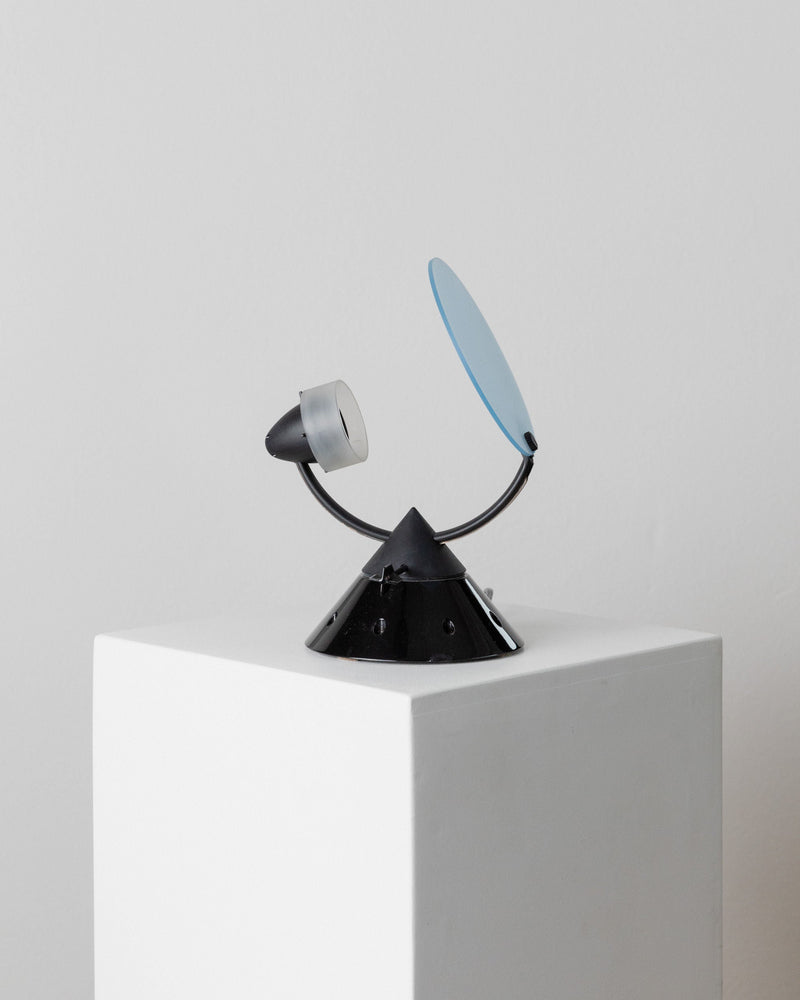 Table Lamp by Lamperti model Sestante, Italy 1980s — close-up of black metal base with blue shade