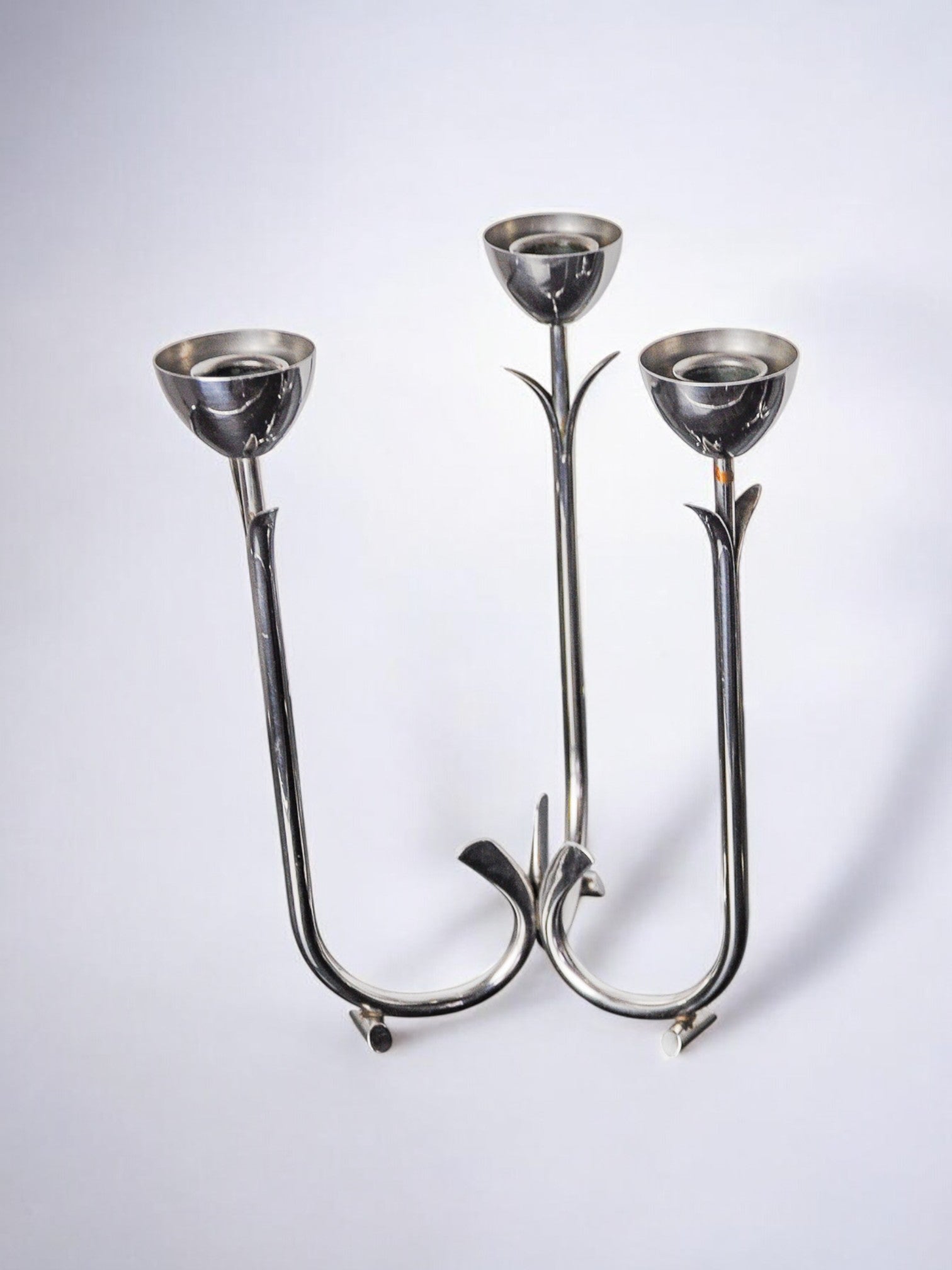 Art deco stainless steel 3-flame candlestick, Spain, 1970 — lifestyle setting