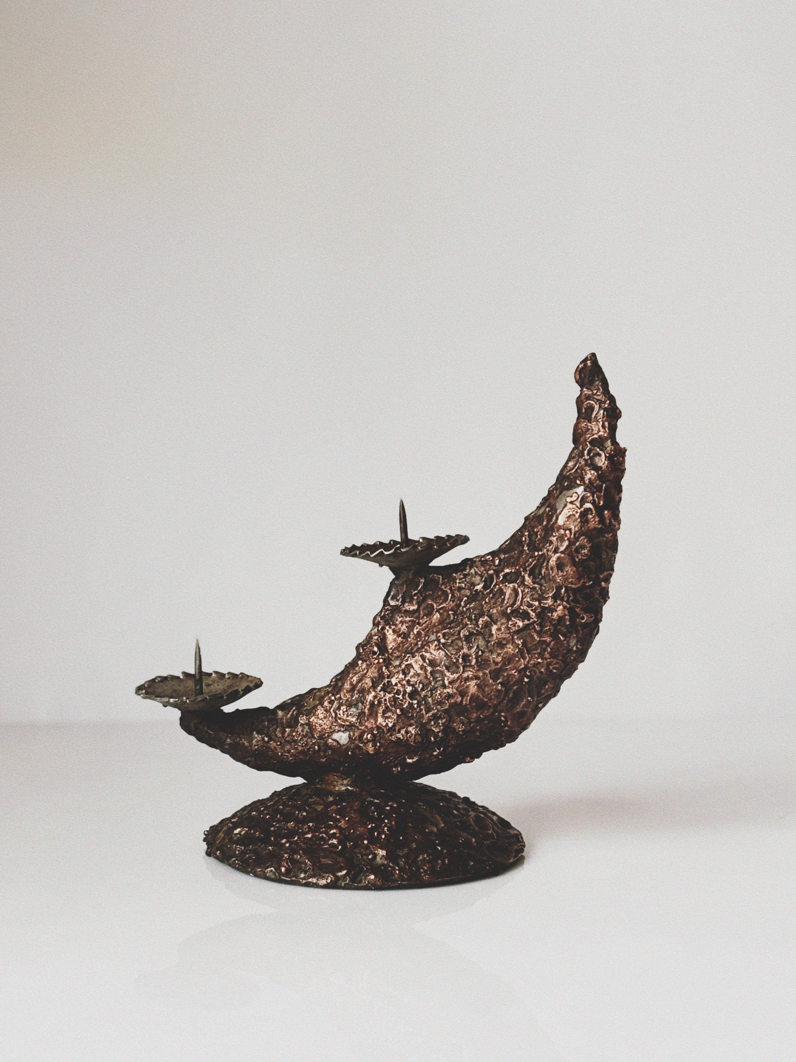 Mid Century Brutalist Candle Holder in Metal, Poland — side angle showing textured bronze finish