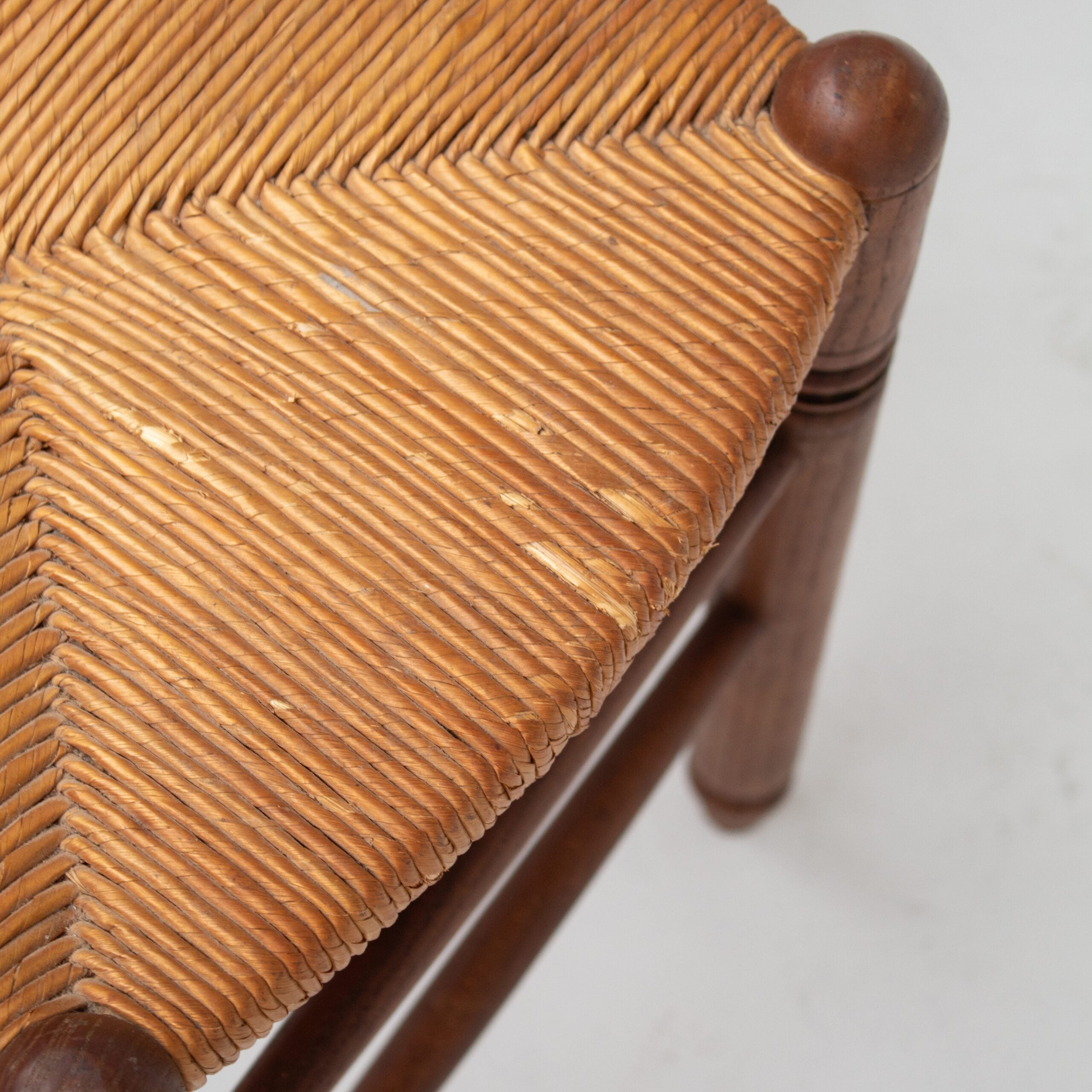 Set of 3 French Rattan Top Stools in Solid Wood — top view of rattan seat texture