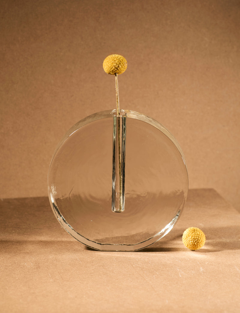 Vintage Scandinavian Clear Vase in Glass and Clear Glass (large) — close-up of round glass base with flower stem