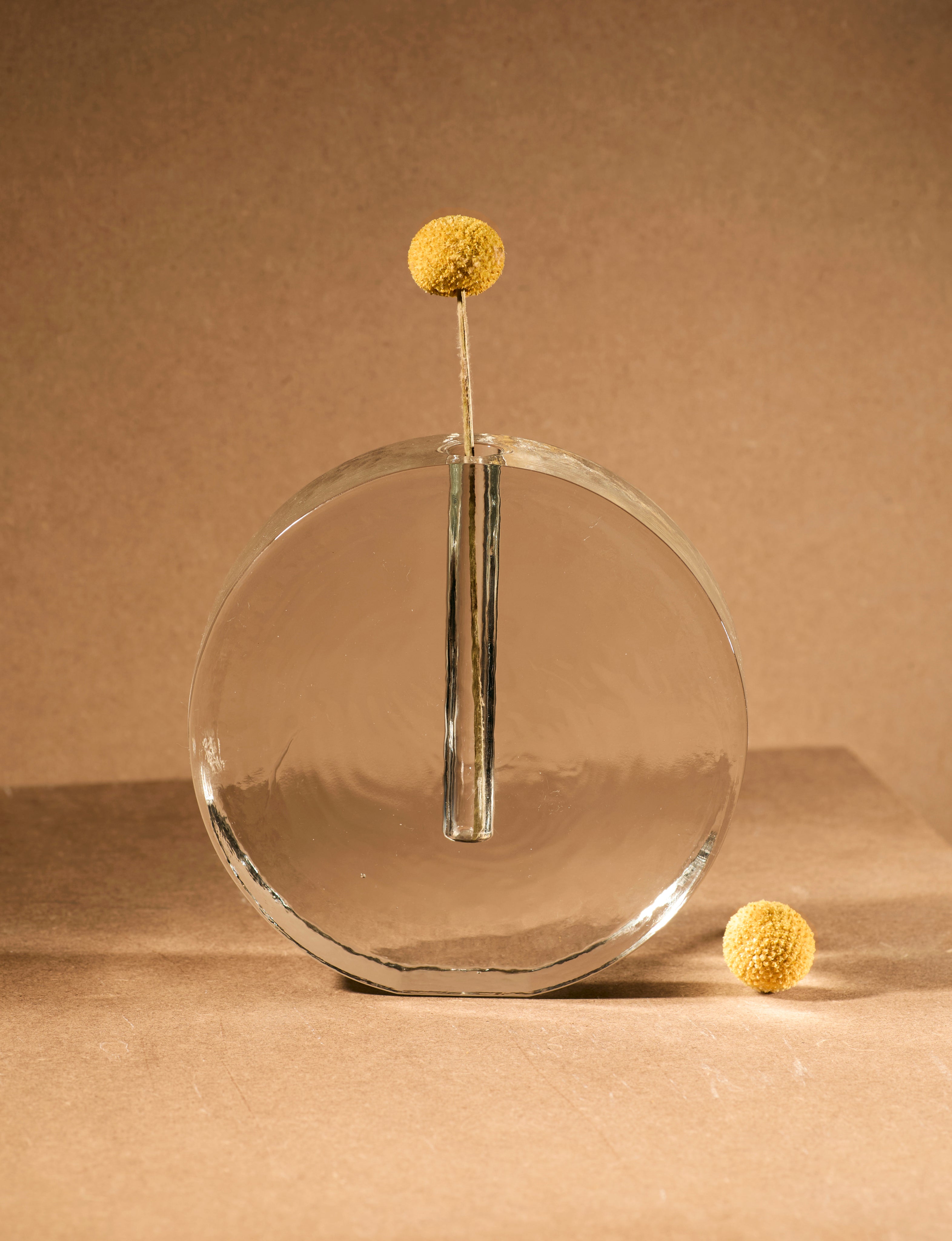 Vintage Scandinavian Clear Vase in Glass and Clear Glass (large) — close-up of round glass base with flower stem