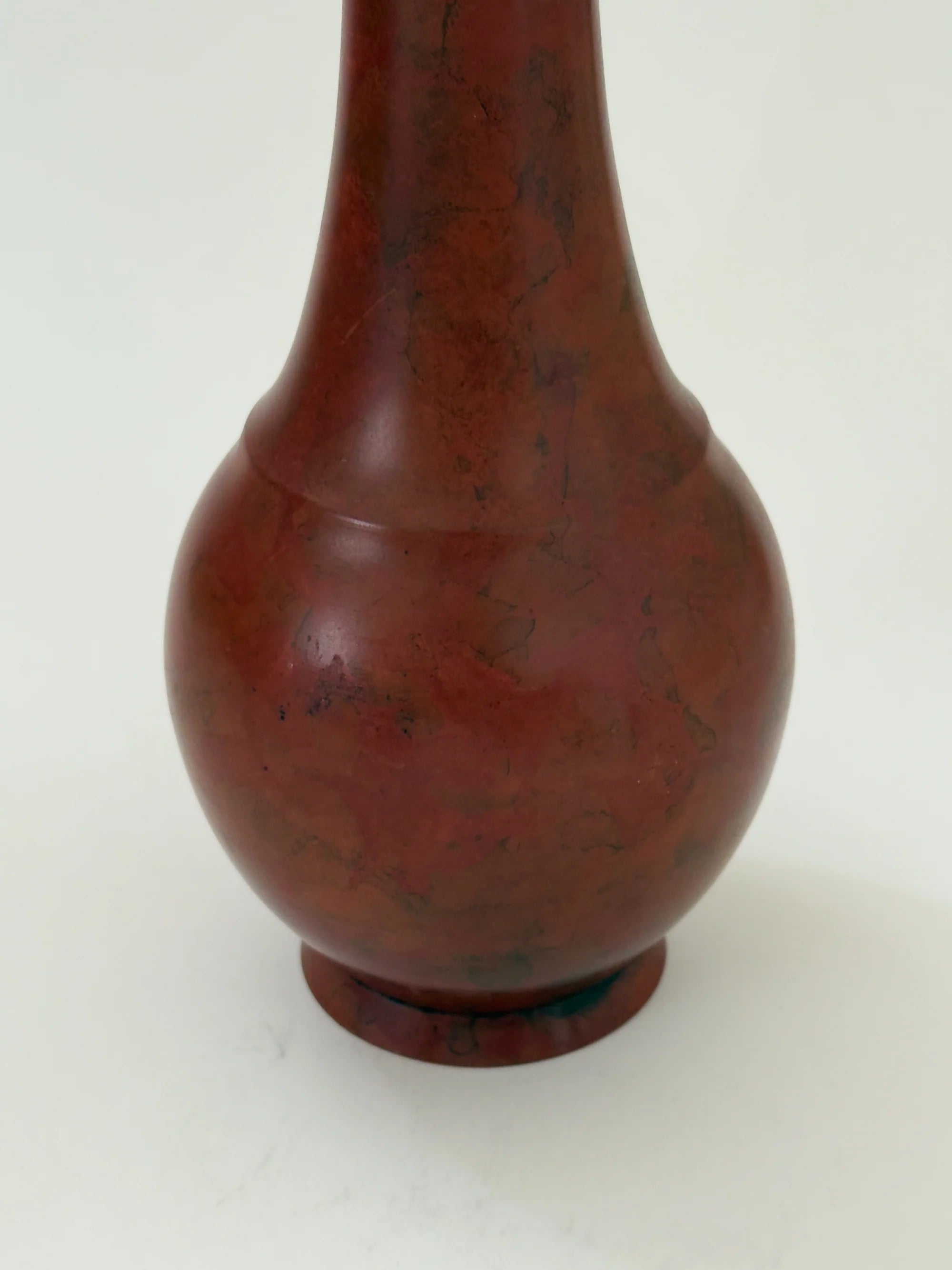 Japanese Bronze Vase with Mottled Vermilion Patina, Signed — side angle showing rounded body and smooth finish