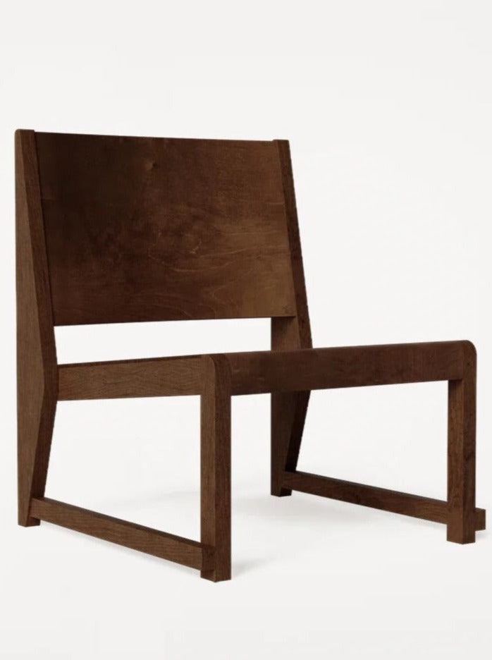 Easy Chair 01 | Dark Brown Birch — side angle highlighting wooden frame
